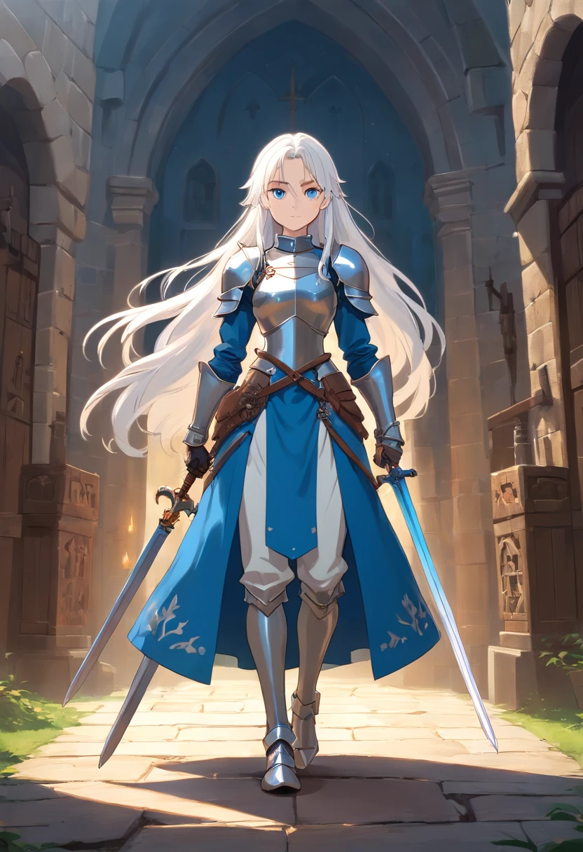 a full body image of a young woman with long white hair, metal armor in a medieval setting with a rapier and blue eyes