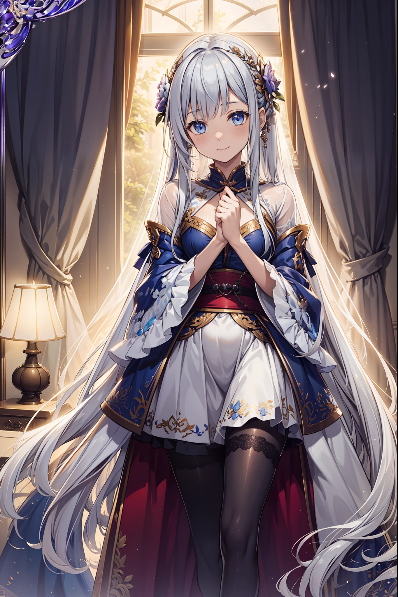 (Best quality, A high resolution, Textured skin, High quality, High details, High details,Extremely detailed CG unity),teens girl，Enchanted，having fun，Being in love，Princess dress in white fantasy world，Light silver hair，eBlue eyes，A small amount of lilac pattern，A small amount of sky blue cloth，(see-through transparent clothes)，exquisite costumes，Bedrooms，solo person，the night，Simple pantyhose，A small amount of lace，Dazzle