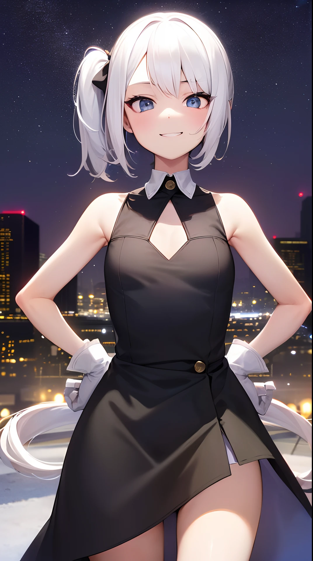 1girl, solo, absurdres, best quality, (smug smile:1.2), white hair, blue eyes, sleeveless dress, hair ornament, black dress, short, side ponytail, long hair, outdoors, nighttime, night, city, stars, starry sky, small breasts, flat chest, white gloves, white stockings, (hands on hips:1.2), (portrait, straight on, POV, looking at viewer, upper body:1.3)