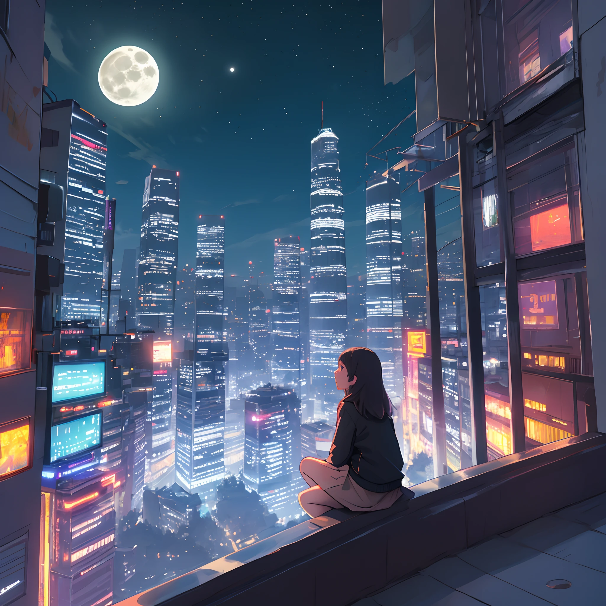 A woman sitting on a ledge looking out at a city at night - SeaArt AI