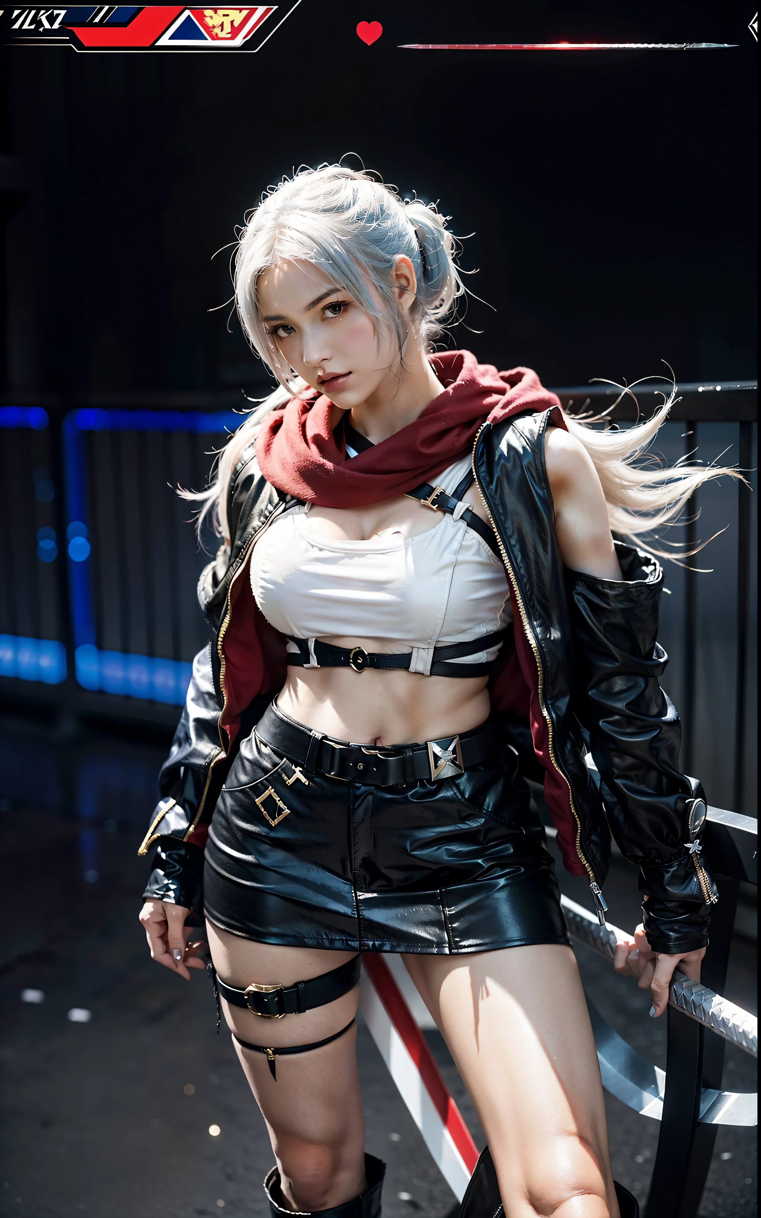 a close up of a person in a costume with a sword, as a character in tekken, female character, tifa lockhart with white hair, katana zero video game character, lunar themed attire, kda, slim body, cyborg - girl with silver hair, upper body avatar, fashion gameplay screenshot, fighting game character, new character, floralpunk elysian maiden, sigma female