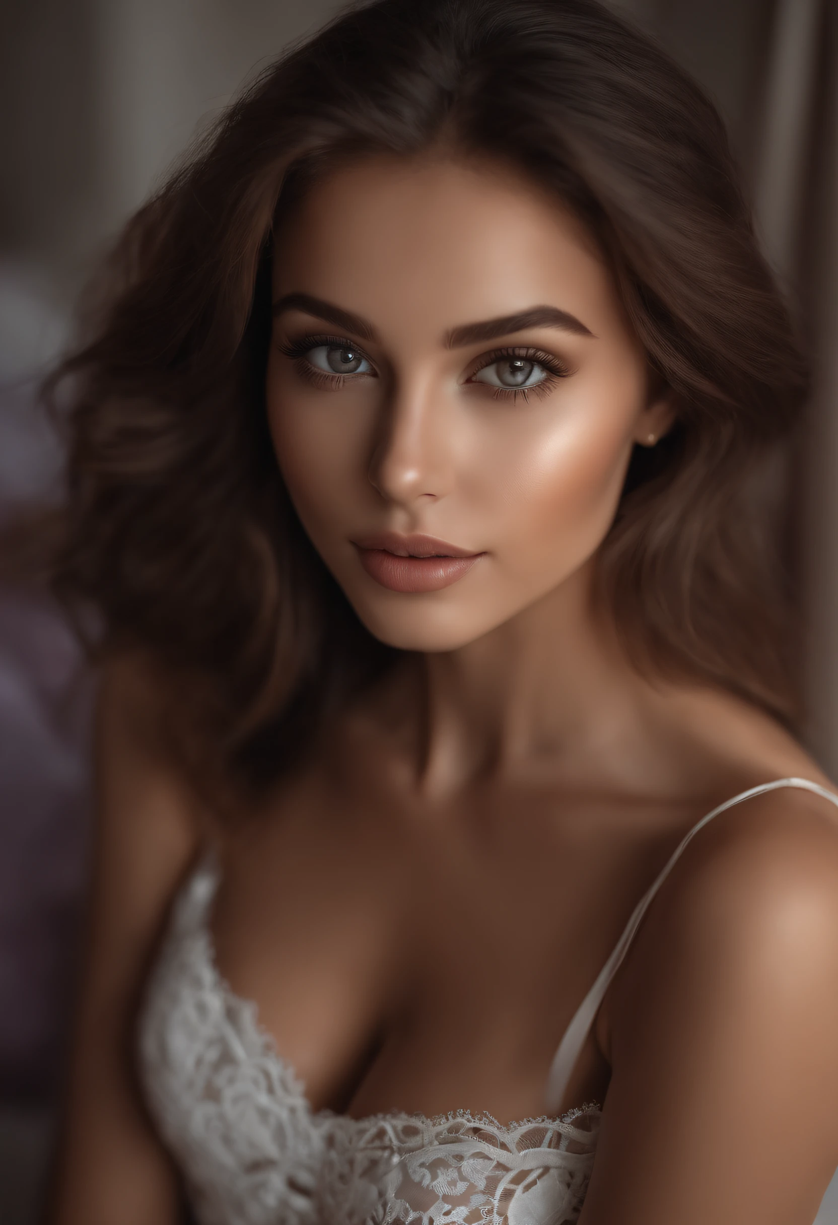 arafed woman fully , sexy girl with brown eyes, ultra realistic, meticulously detailed, portrait sophie mudd, brown hair and large eyes, selfie of a young woman, dubai eyes, violet myers, without makeup, natural makeup, looking directly at the camera, face with artgram, subtle makeup, stunning full body shot kneeling on bed, in bedroom, medium to large size bust