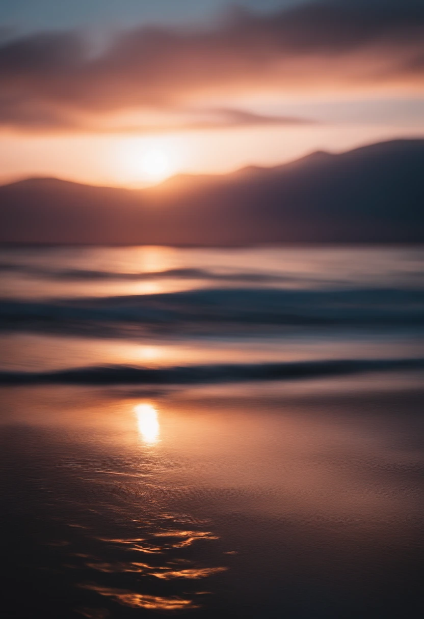 Title: Tranquil Seaside in Summer Dusk
Description: The image is in 8K resolution, possessing photo-realistic quality. The scene captures a seaside during the summer dusk. The camera angle is approximately 30 degrees from the ground, focusing on the gently rippling sea. The sun emits a warm orange and pink light from the upper right of the image, gently illuminating the sea surface. The sky transitions smoothly from blue to orange to pink. The overall mood is peaceful and romantic. Fine movements of the waves, reflections of the light, and the texture of the undulating sea are expressed in detail.
