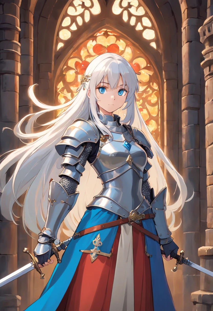 a full body image of a young woman with long white hair, full metal armor in a medieval setting with a rapier and blue eyes dnd