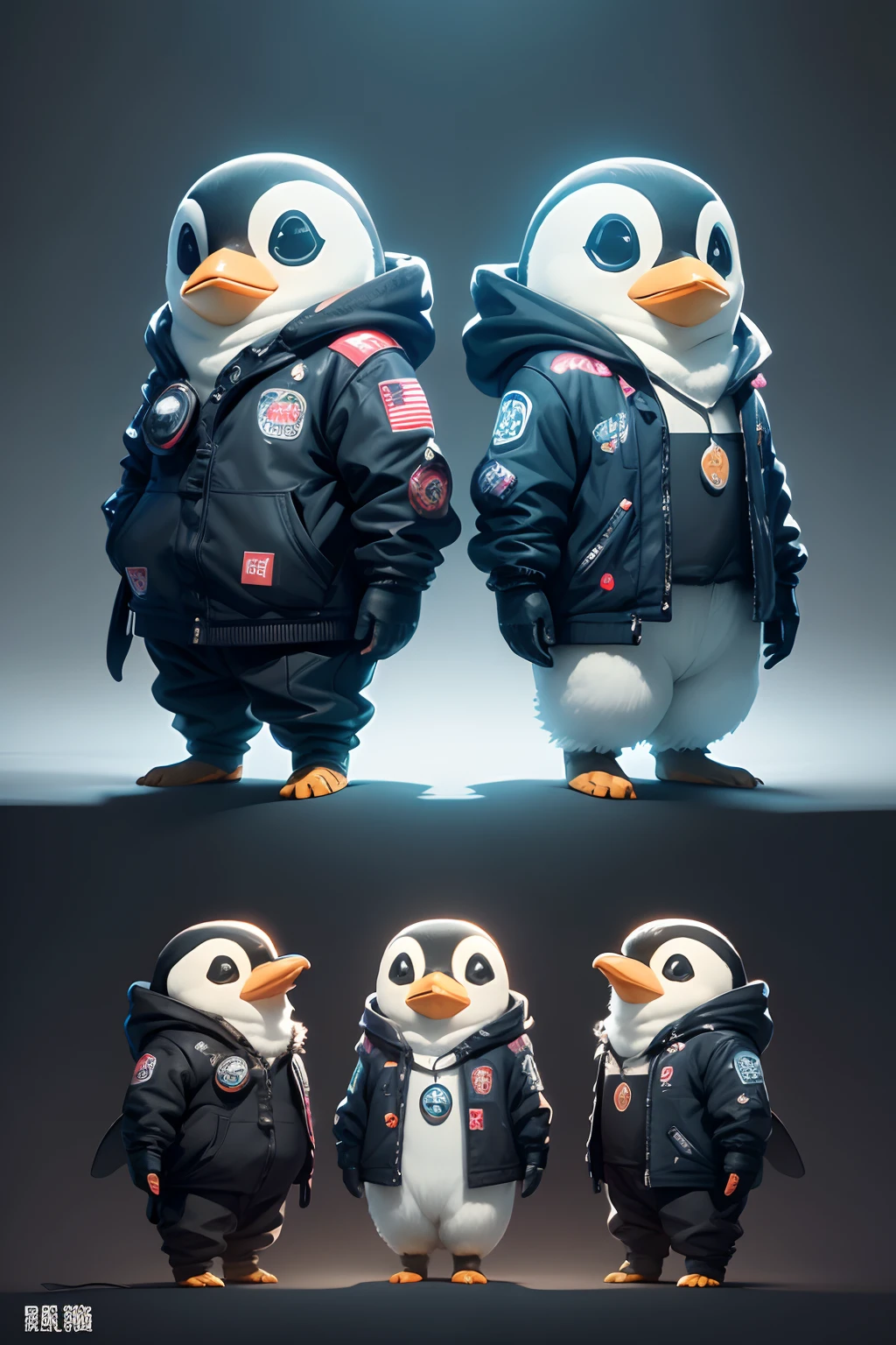 ((a sticker))、simple background、concept-art、sots art、Anthropomorphic super cute penguins、Dressed in cyberpunk clothes、Cinematic lighting、A hyper-realistic、Top image quality、​masterpiece