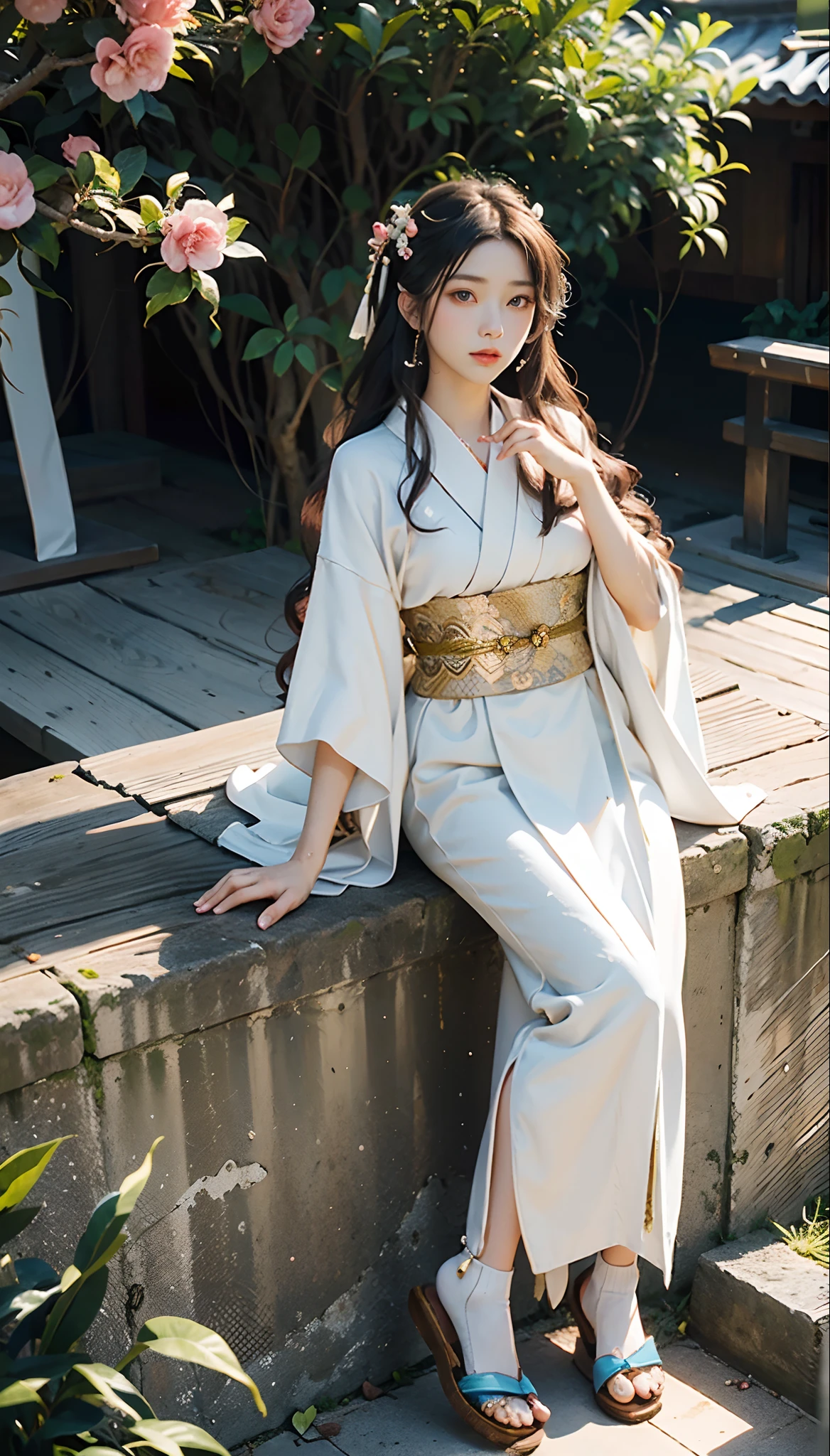 meticulous portrayal of face，1 noblewoman，(Hairpins)，(Camellia kimono)，(Long flowing colored hair)，Simple and elegant Japanese clothing，Collar，(black sock+，clogs)， s the perfect face， perfect hand， Perfect Finger， Perfect lips， perfect  eyes，Extremely normal body，Ancient Japanese town background，Perfect background