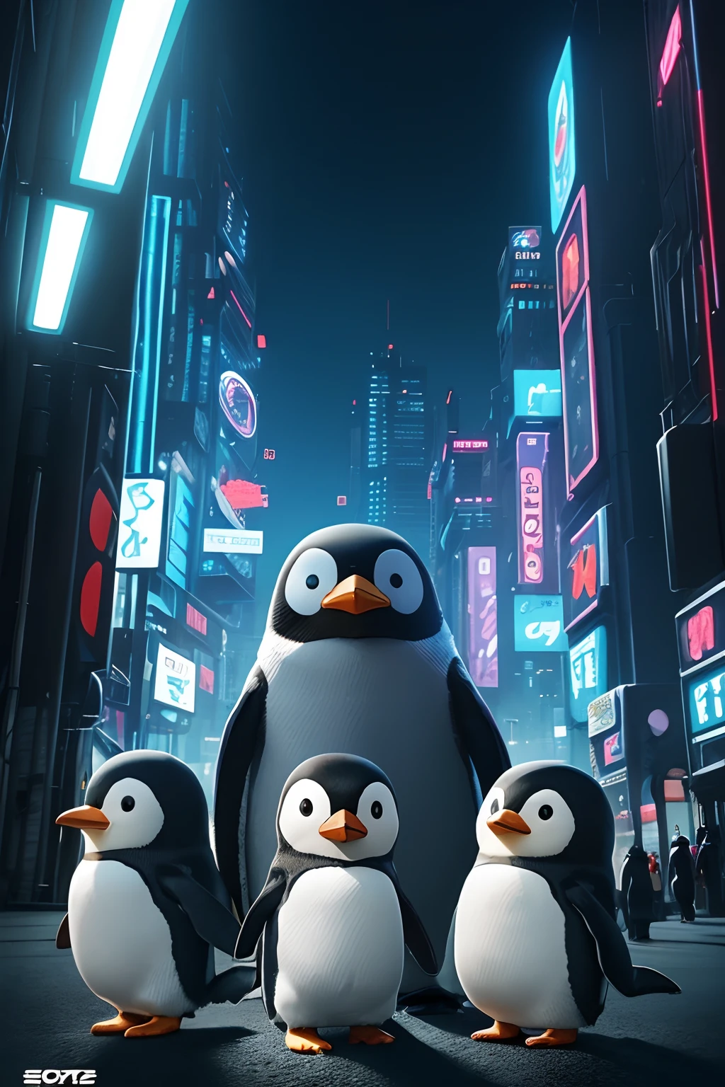 ((a sticker))、simple background、concept-art、sots art、Anthropomorphic super cute penguins、Dressed in cyberpunk clothes、Cinematic lighting、A hyper-realistic、Top image quality、​masterpiece