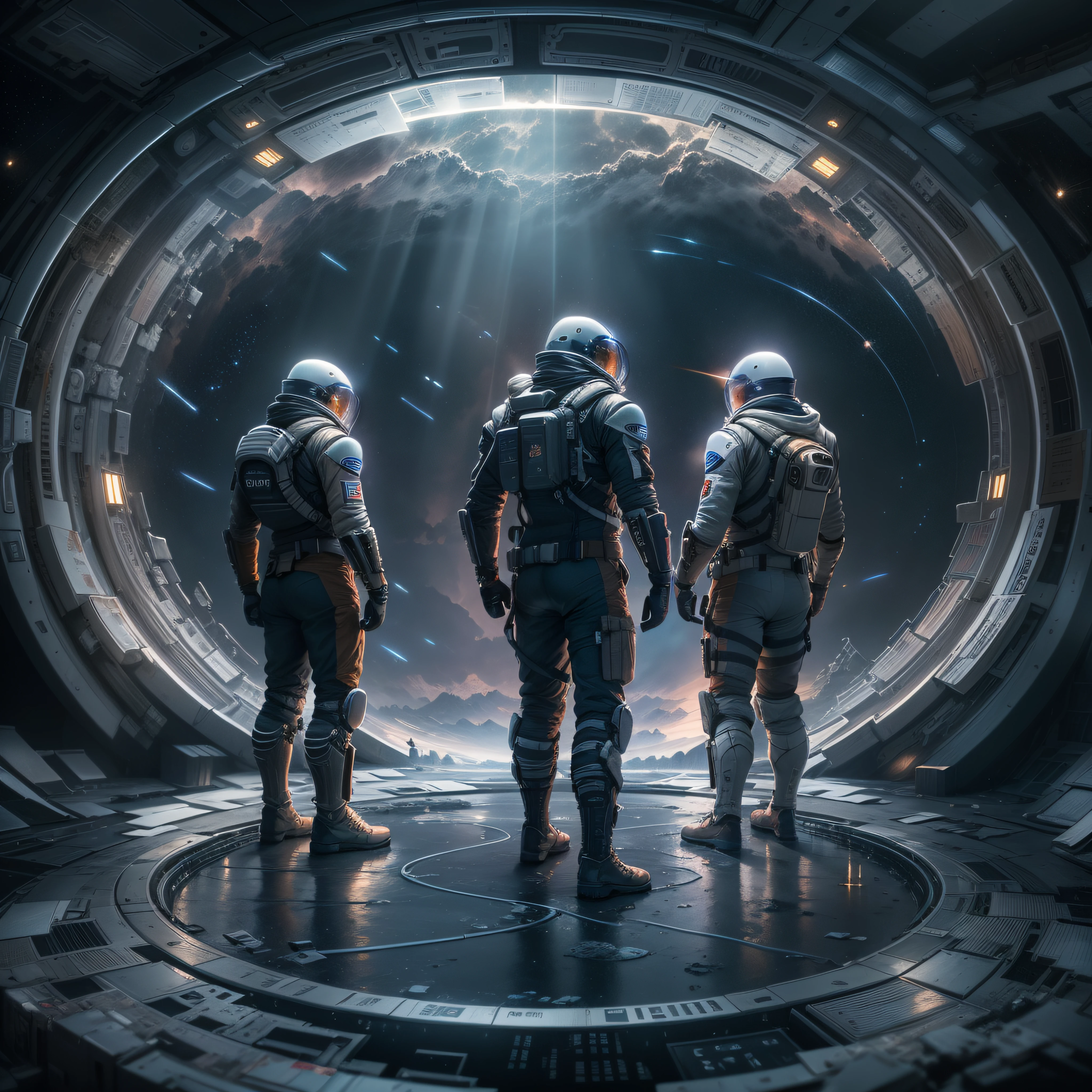 Interstellar,Endless space,dystopian future, 3 heavily armed warriors fell from the sky,Light overhead,ssee-through,depth of fields,((Masterpiece)),(Best quality)),Magnificent space image scene,surrealism, Super detail, ccurate, Best quality, hyper HD, Masterpiece, Anatomically correct, A high resolution, 16k