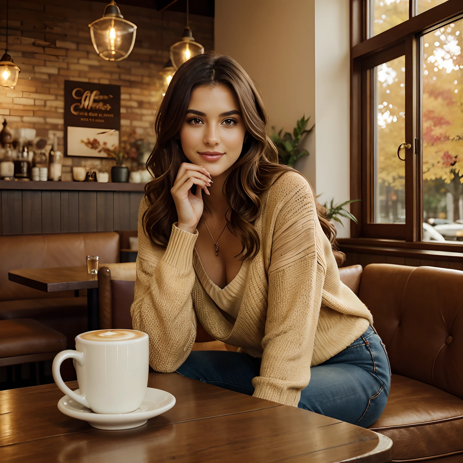 Generate heartwarming photos of Autumn, the enchanting influencer, savoring a spiced latte, epitomizing the essence of autumn's delight. Autumn, in her mid-20s, stands at about 5'4", with long, wavy chestnut hair gracefully falling over her shoulders. Her athletic hourglass figure, accentuated by a full bust, pairs beautifully with her flawless, sun-kissed tan. Autumn's expressive brown eyes radiate charisma, mirroring her relaxed and confident demeanor.

Autumn's cozy chic ensemble reflects her impeccable style. She adorns herself in a soft, oversized sweater, its inviting color enveloping her, paired with snug-fitting, high-waisted jeans that highlight her figure with sophistication.

The charming, rustic coffee shop setting immerses Autumn in the warmth of fall, adorned with autumnal decor that enhances the cozy ambiance. Soft, diffused lighting envelops her in a golden glow, creating an inviting atmosphere. The surroundings include cozy seating, rustic wooden tables, and the rich aroma of freshly brewed coffee, all capturing the essence of Autumn's delightful coffee experience.

In candid moments, Autumn enjoys her spiced latte, lost in thought while gazing out of the window or sharing a bright smile. The photos capture the coziness and tranquility of the coffee shop, reflecting the simple joy of sipping a warm beverage. Natural lighting enhances the inviting atmosphere, bringing to life the essence of Autumn's delightful coffee experience.

With intense makeup, a cozy atmosphere, and features that are meticulously symmetrical, the photos embrace photorealistic techniques like path tracing, specular lighting, volumetric face light, path-traced hair, visible shadows, and intricate details. This creates an elaborate and hyper-realistic portrayal of Autumn's heartwarming coffee moments.