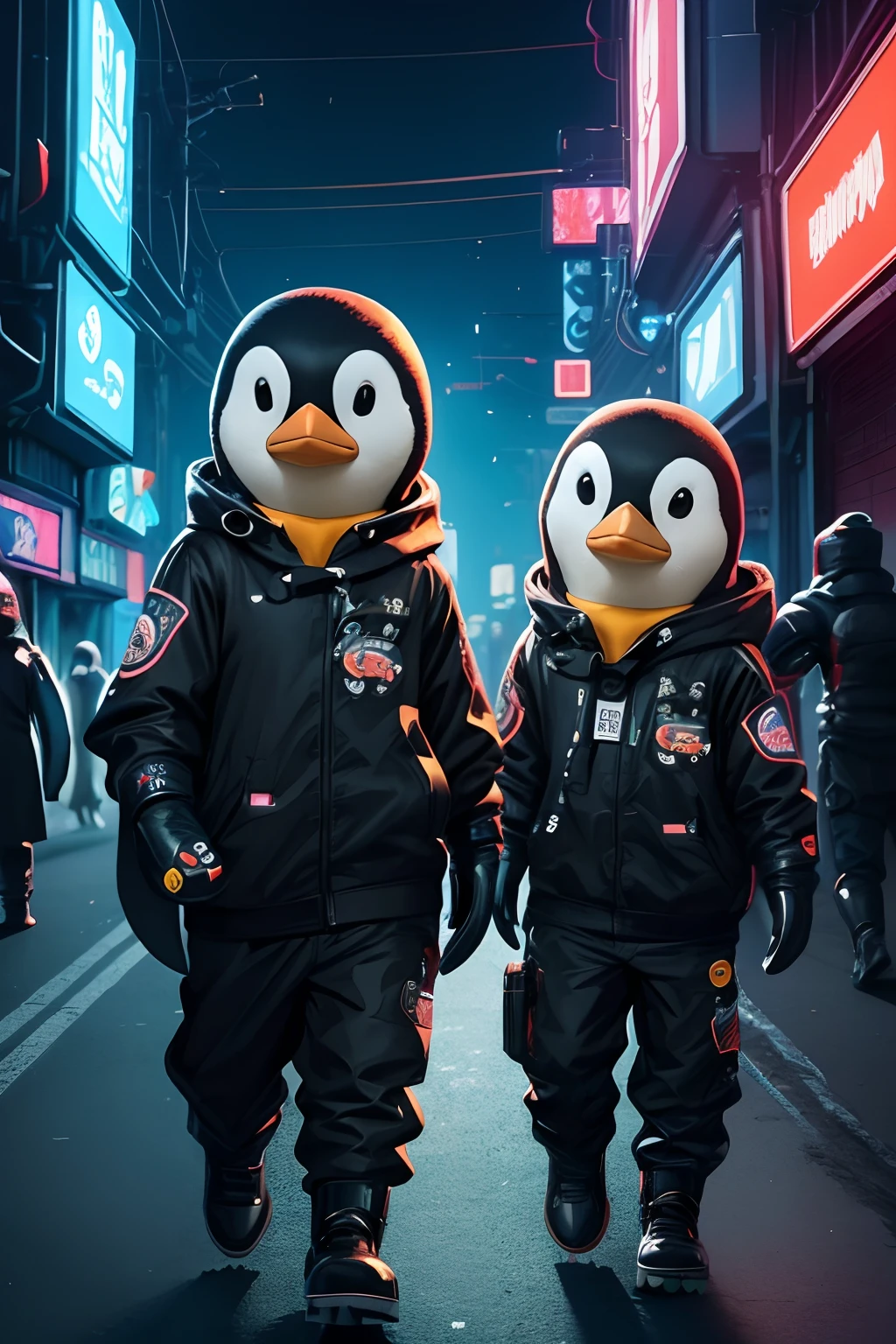 ((a sticker))、simple background、concept-art、sots art、Anthropomorphic super cute penguins、Dressed in cyberpunk clothes、Cinematic lighting、A hyper-realistic、Top image quality、​masterpiece