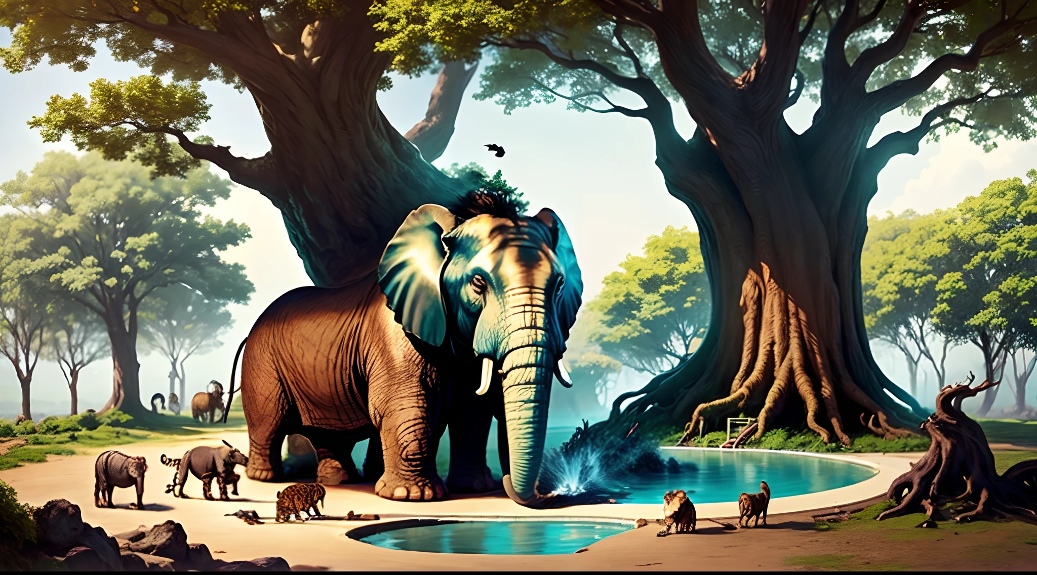A wise old elephant standing in front of a huge old tree with big roots that seem to go very deep into the ground. The tree is surrounded by animals, such as a lion, a tiger, a monkey, and a bird, all drinking water from a pool at the base of the tree.character should be details.