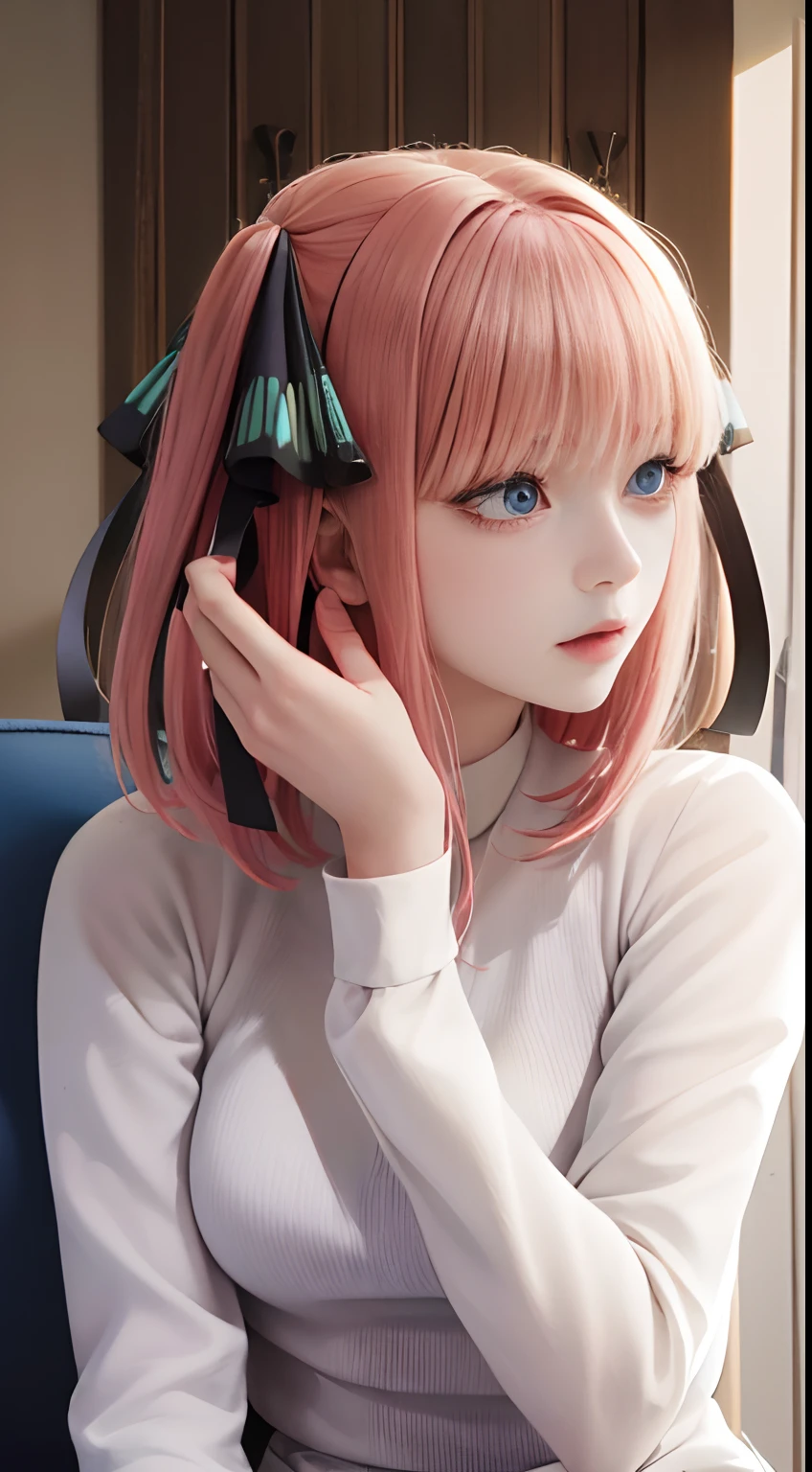 ((of the highest quality)), ((masutepiece)), (High quality: 1.3), of the highest quality, masutepiece, White hair, Gold eyes, 15 year old girl, a white girl, ((Naked: 1.5)), (Big breasts), Upper body, Fair skin, Big breasts, sitting in the couch, Open leg pose, Lined hair, Long hair, 1 woman, Blonde,
