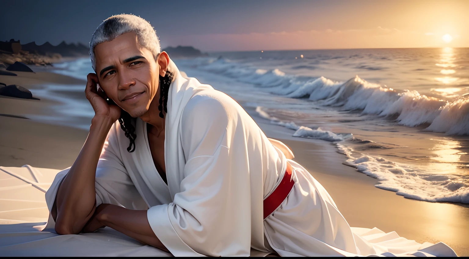 Barack Obama sitting on the floor of a beach next to Jesus, Wearing white robe in the center a beautiful bonfire,( barack obama rindo, semblante feliz) ( jesus sorrindo e dando gargalhadas) Cheerful and relaxed atmosphere, noite, Stars in the sky, luz natural da noite, ondas em movimento, alta qualidade, textura relalista