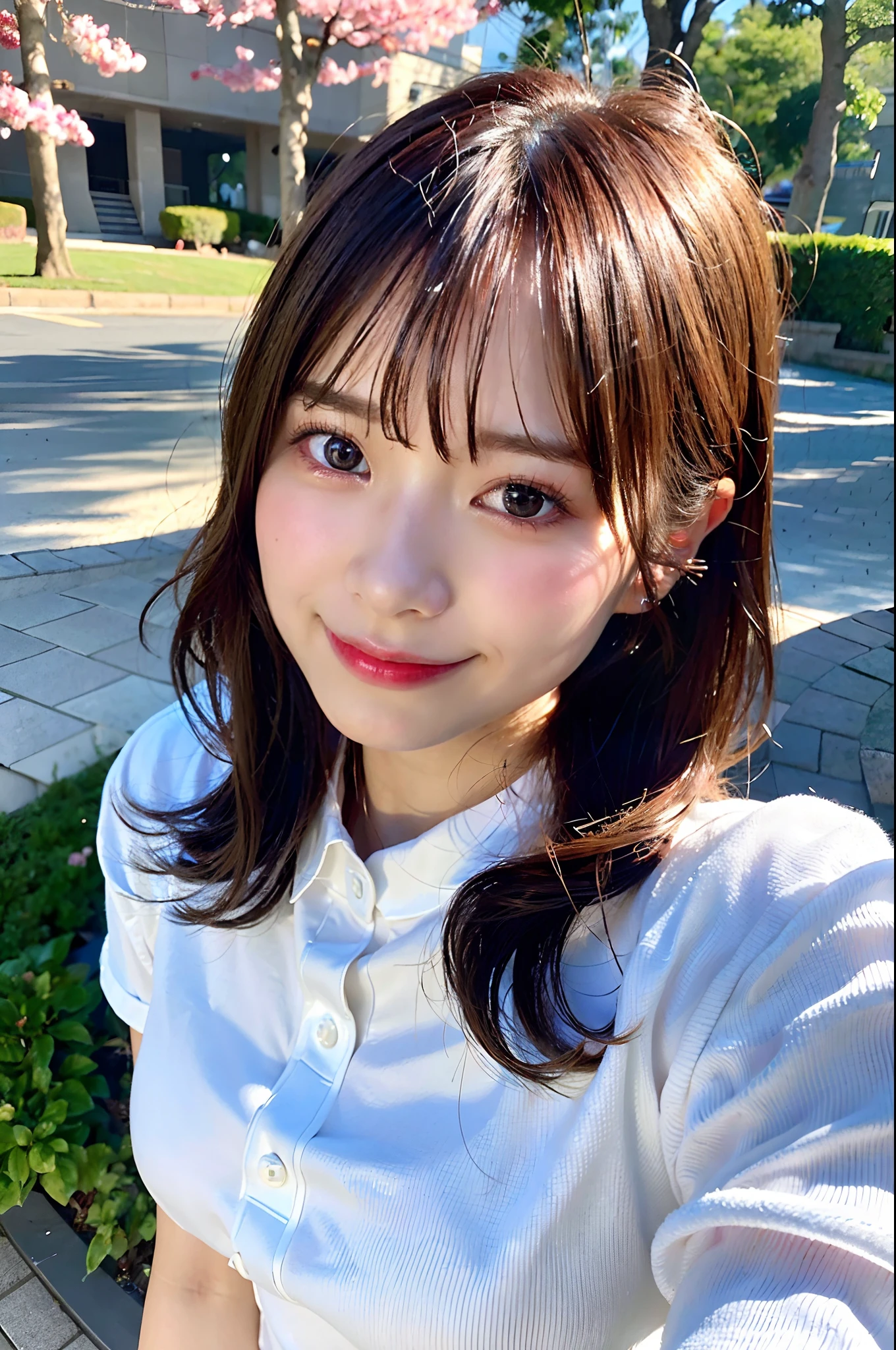(top-quality、8K、32K、masuter piece、nffsw:1.2)、profile、(slim figure:1.2)、(s lips) 、18year old、Show your teeth and smile、polo shirts、Colossal tits、二重まぶた、shinny skin、Realistic rays、mare、beauitful face、(A smile:1.3)、crouching down、(From above:1.2)、(a closeup:1.4)、blurry backround、(Front Focus)、(Dark: 1.6)、Fantasy Art、photoRealstic、Professional Lighting、extra detailed face、Award-winning、deep-shadows、A path lined with flourishing cherry blossom trees