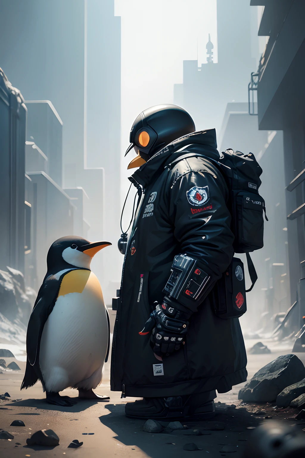 ((a sticker))、simple background、concept-art、sots art、penguin、cyborgs、cyberpunked、Cinematic lighting、A hyper-realistic、Top image quality、masterpiece