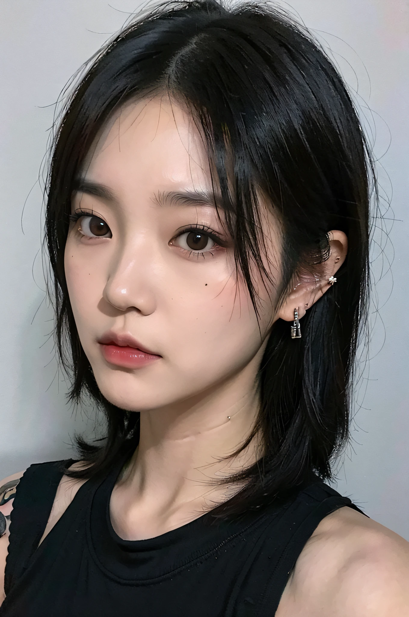 Un primer plano de una mujer con un tatuaje en el pecho, cruel korean goth girl, de chica taiwanesa con tatuajes, tatuajes en el cuello, con tatuaje facial, Estilo de Junji Ito, Entintado, iu lee ji-eun as a super villain, estilo de tatuaje, tatuaje completo, Estilo Junji Ito, goth girl aesthetic, Cuello atractivo, collar de piercings, Korean symmetrical face
