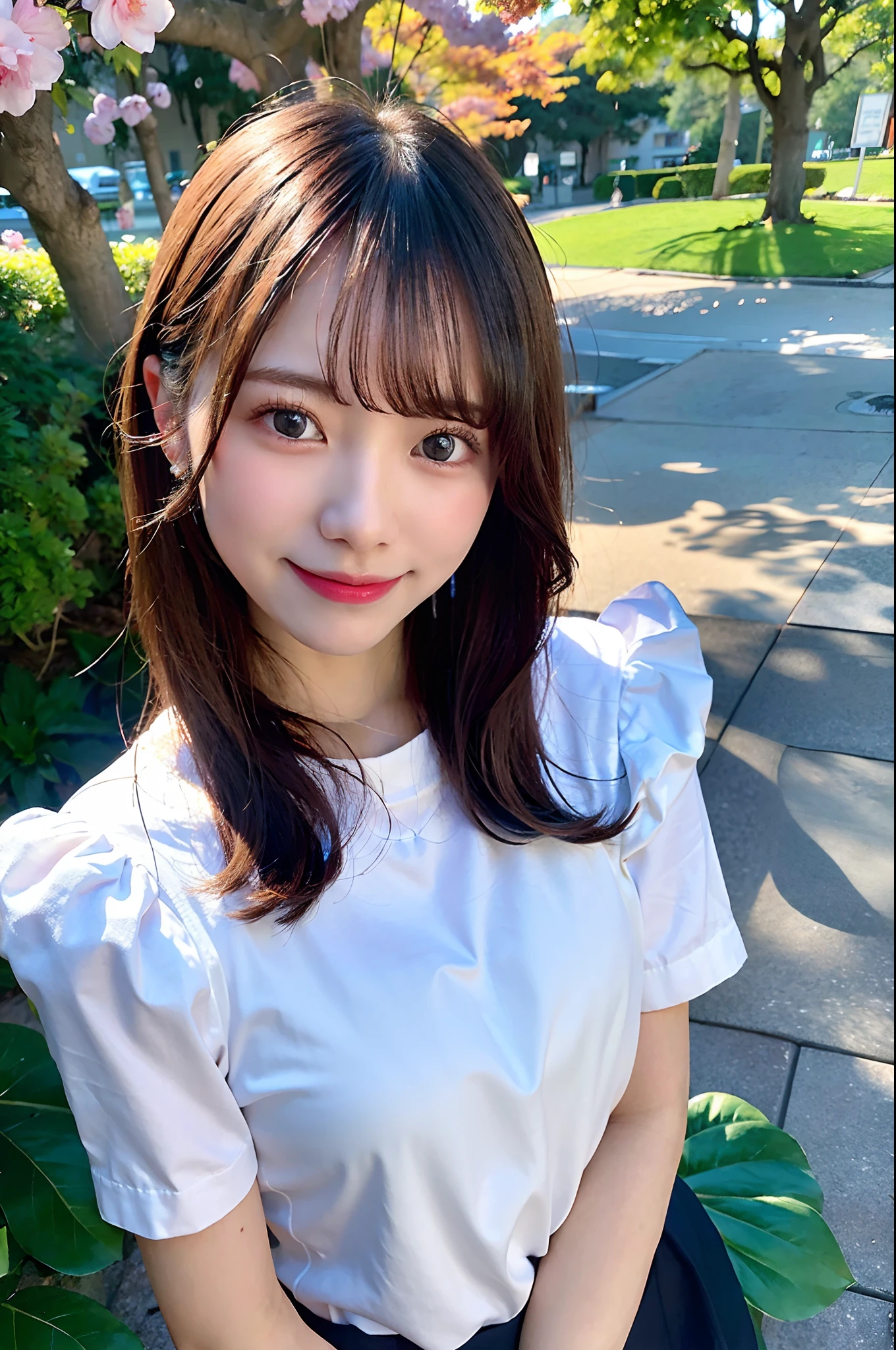 (top-quality、8K、32K、masuter piece、nffsw:1.2)、profile、(slim figure:1.2)、(s lips) 、18year old、Show your teeth and smile、polo shirts、Colossal tits、二重まぶた、shinny skin、Realistic rays、mare、beauitful face、(A smile:1.3)、crouching down、(From  above:1.2)、(a closeup:1.4)、blurry backround、(Front Focus)、(Dark: 1.6)、Fantasy Art、photoRealstic、Professional Lighting、extra detailed face、Award-winning、deep-shadows、A path lined with flourishing cherry blossom trees