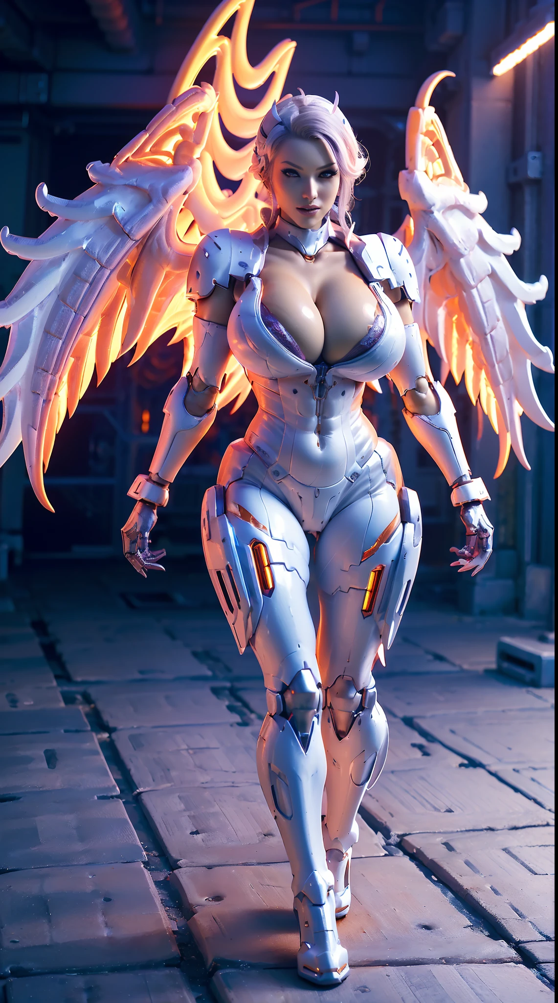 (DRAGON QUEEN), HUGE FAKE BOOBS, (BEAUTIFUL FACE), (WHITE, ORANGE, PURPLE), (((A PAIR OF HUGE MECHANICAL WINGS SPREAD OUT))), FUTURISTIC PHOENIX MECHA SUIT, (CLEAVAGE), (SKINTIGHT YOGA PANTS), (HIGH HEELS), (PERFECT BODY:1.2), (FULL BODY VIEW), (LOOKING AT VIEWER), (WALKING DOWN:1), SEXY MUSCULAR BODY, MUSCLE ABS, UHD, 8K, 1080P.
