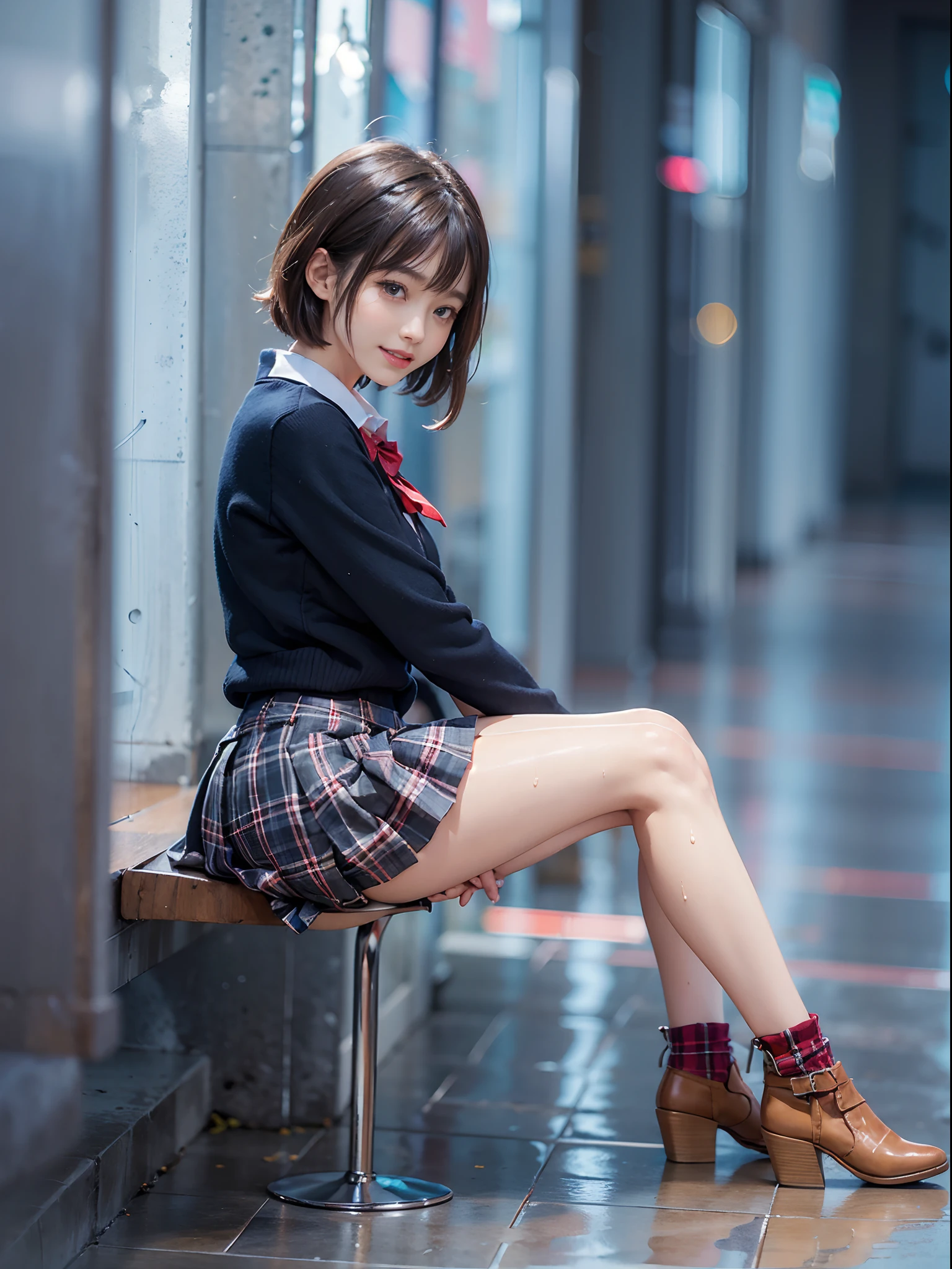 ((dynamicposes)), (((skirt lift by yourself))), (((lifted by self))), ((panties focus)), ((panties on)), ((shool uniform)), ((Plaid miniskirt)), school hallway, (NSFW), 1womanl, 独奏, 24 year old, 7headed body, (cute  face), (Ideal ratio body proportions), (Composition from head to thigh), Smiling smile, erectile nipple, Sexy body, Wet, short-hair, Dark hair, small tits, A slender, Small buttocks, beauty legs, Skinny Legs, surrealism, Cinematic lighting, depth of fields, One-person viewpoint, F/1.8, 135 mm, nffsw, masutepiece, ccurate, ((Anatomically correct)), Textured skin, Super Detail, high details, High quality, awardwinning, Best Quality, hight resolution, 8K