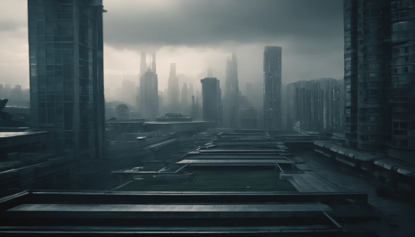 A dystopian futuristic city inhabited only by men with lots of brutalist architecture