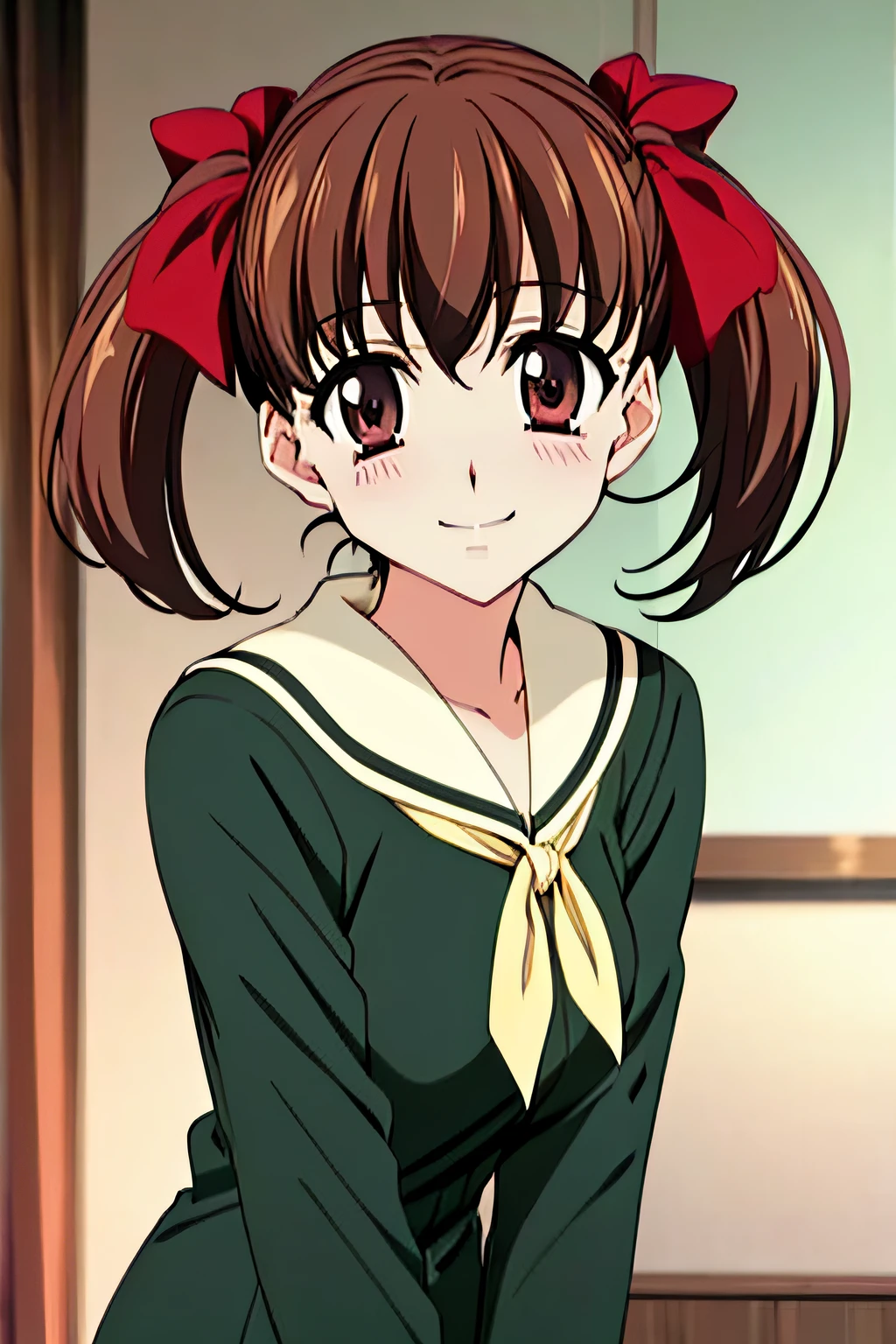 lillian_girls'_academy_uniform, fukuzawa_yumi, red_ribbon, long_sleeve, brown_hair, twintails