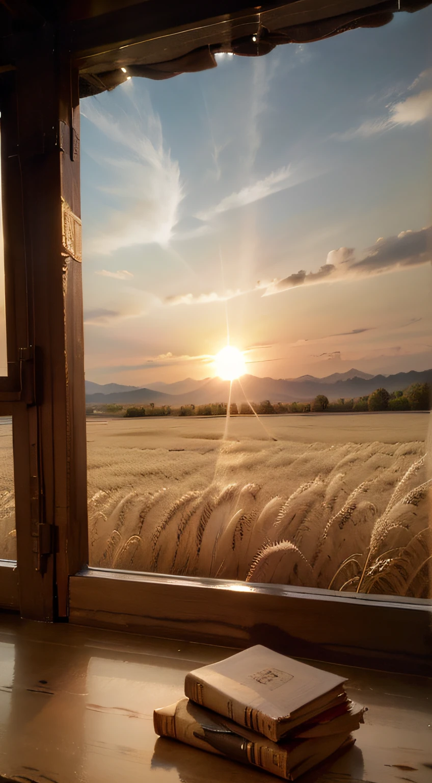 Golden wheat field，The sun shines on the wheat fields，the setting sun，wheat，Wooden table，hyper HD，wheat，中景 the scene is，Wooden table，