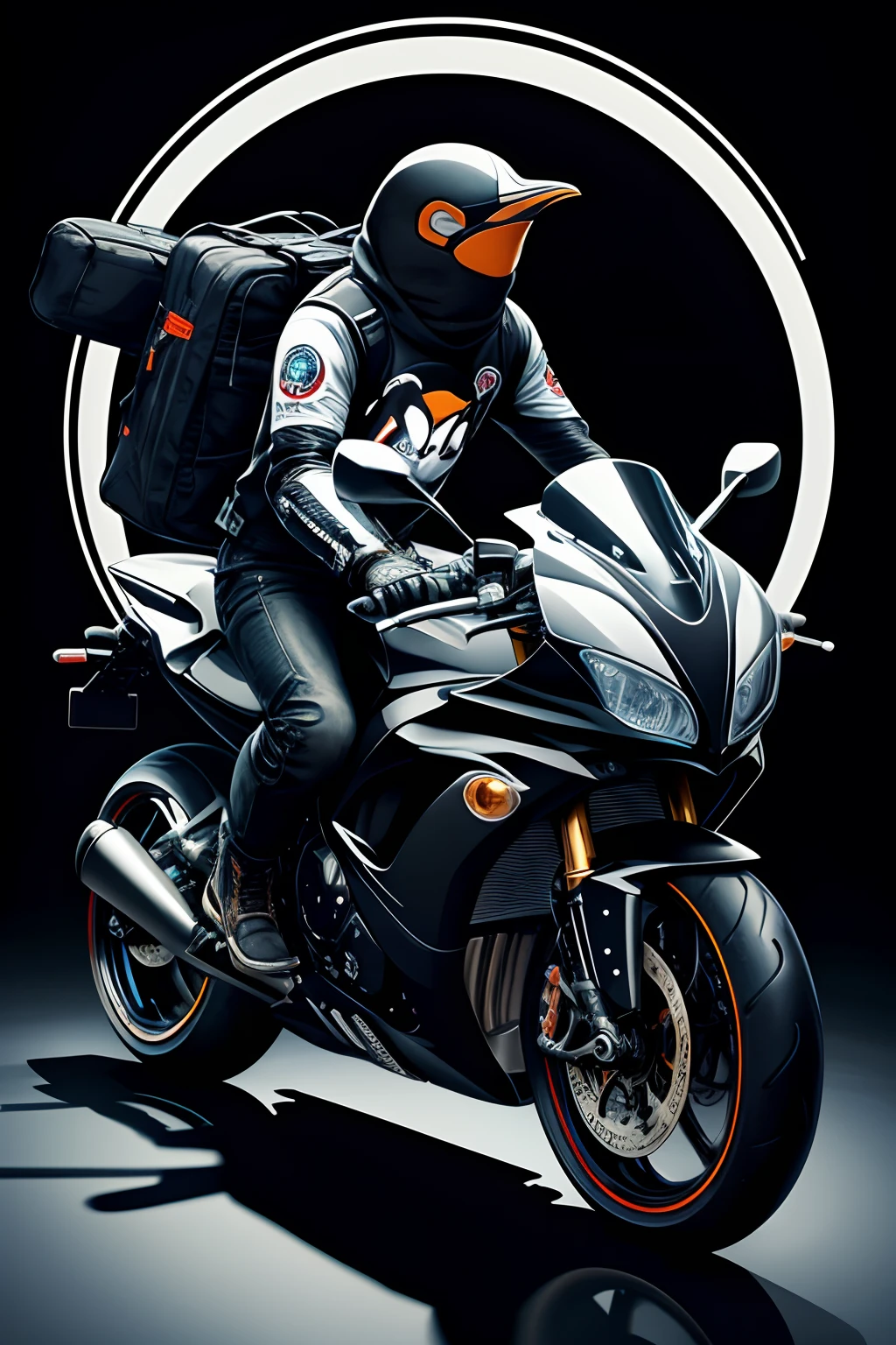 Artwork for t-shirt graphic design、Top image quality、​masterpiece、A hyper-realistic、Anthropomorphic penguins、cyberpunked、Riding a motorcycle、Highly detailed clean、Vector image、Professional Photography、flat black background、