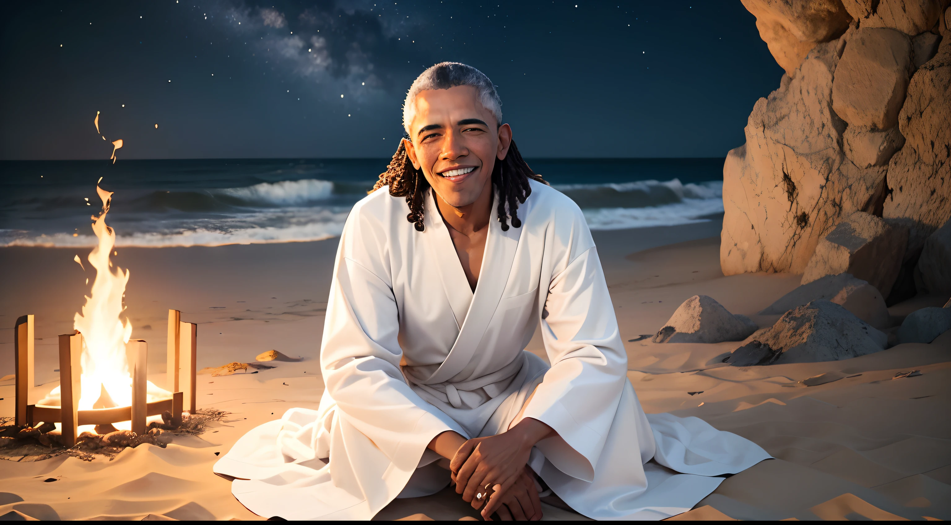 Barack Obama sitting on the floor of a beach next to Jesus, Wearing white robe in the center a beautiful bonfire,( barack obama rindo, semblante feliz) ( jesus sorrindo e dando gargalhadas) Cheerful and relaxed atmosphere, noite, Stars in the sky, luz natural da noite, ondas em movimento, alta qualidade, textura relalista