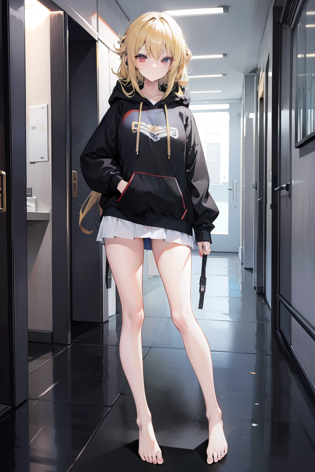 Anime girl cute, tall, blonde hair, 8k wallpaper, exposed thighs, dark hoodies, slim, long legs