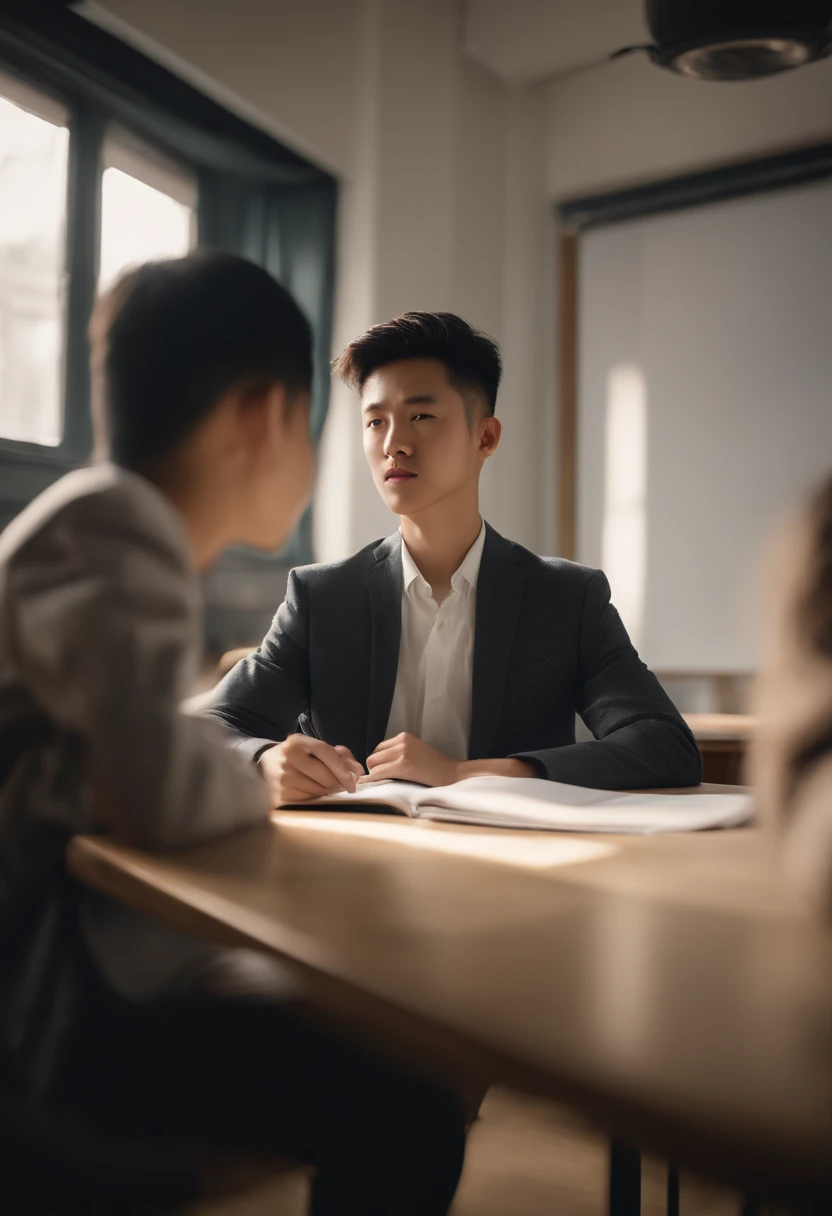 illustrate: Images in 8K resolution、Has photorealistic quality。The scene is、Young Asian man facing straight in classroom。The photo is shown from his upper body upwards.、He wears a well-groomed suit。His expression is professional and calm.、Eyes stare firmly at the camera。In the background, a classroom spreads out.、chalk board、Teach Zhuo、Although the chair is visible、He has been the clear focus。Light is natural、Illuminates the classroom evenly with him。The overall mood is formal yet accessible.、Has a bright and friendly atmosphere。Every detail、textured、Shadow、The lighting is realistically expressed。