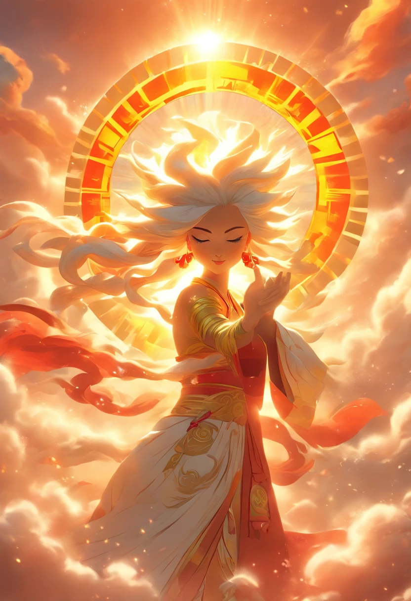 (((Sun Goddess))) best quality, ultra-high resolution, 4K detailed CG, master piece, AMATERASU, Woman, white clothes, red clothes, clouds, waves, Japanese mythology, Japan, Shui Mo Hua, Painting style Chinese, Thangka Style, aesthetic, Beautiful image, depth of field, centered on screen