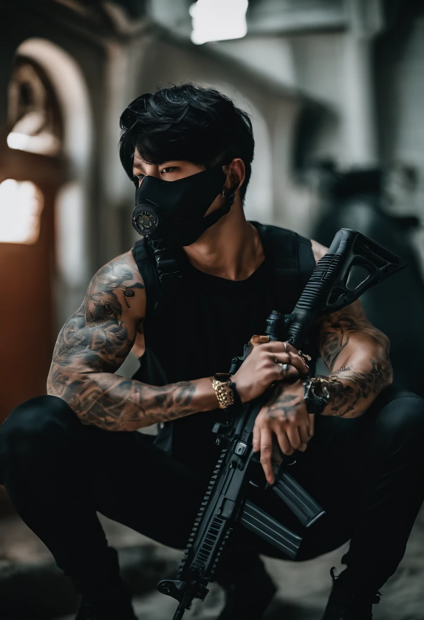 Jungkook BTS with skull mask, tattoos on arms, Special Forces Operator