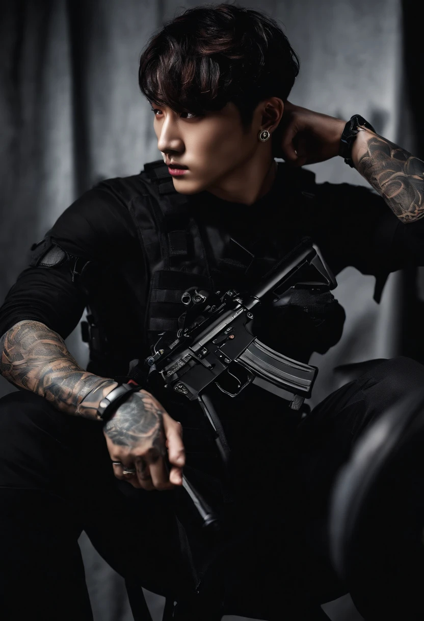 Jungkook BTS with skull mask, tattoos on arms, Special Forces Operator