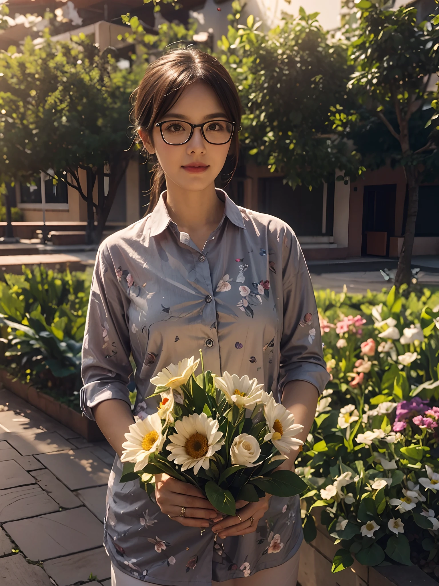 ((Best quality)), teacher, glasses, floral garden