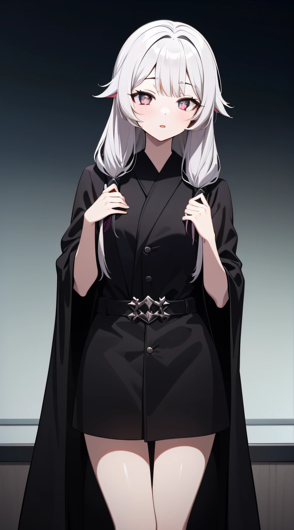 1 girl, white hair(long hair)(tied), black-silver eyes(detailed eyes), wear a black robe