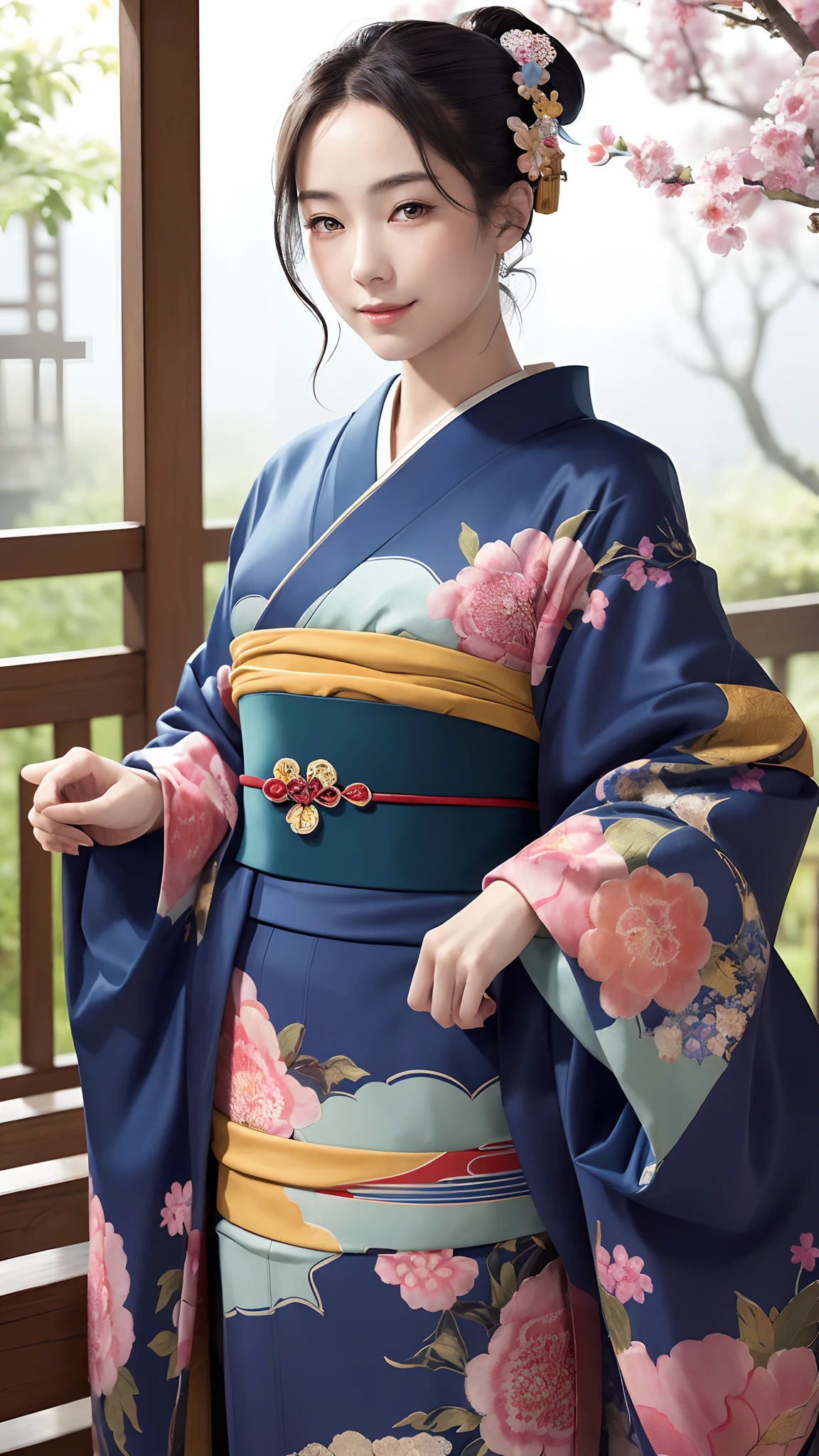 (Masterpiece, Best Quality, Best Quality, Official Art, Beautiful and Indulgent: 1.2), (Kimono), Arms Behind Back, (Upper Body Only), (1 Girl: 1.3), Japan Woman, Very Detailed, Colorful, Best Detailed ((Super Detailed)), (Highly Detailed 2DCG Illustration)...