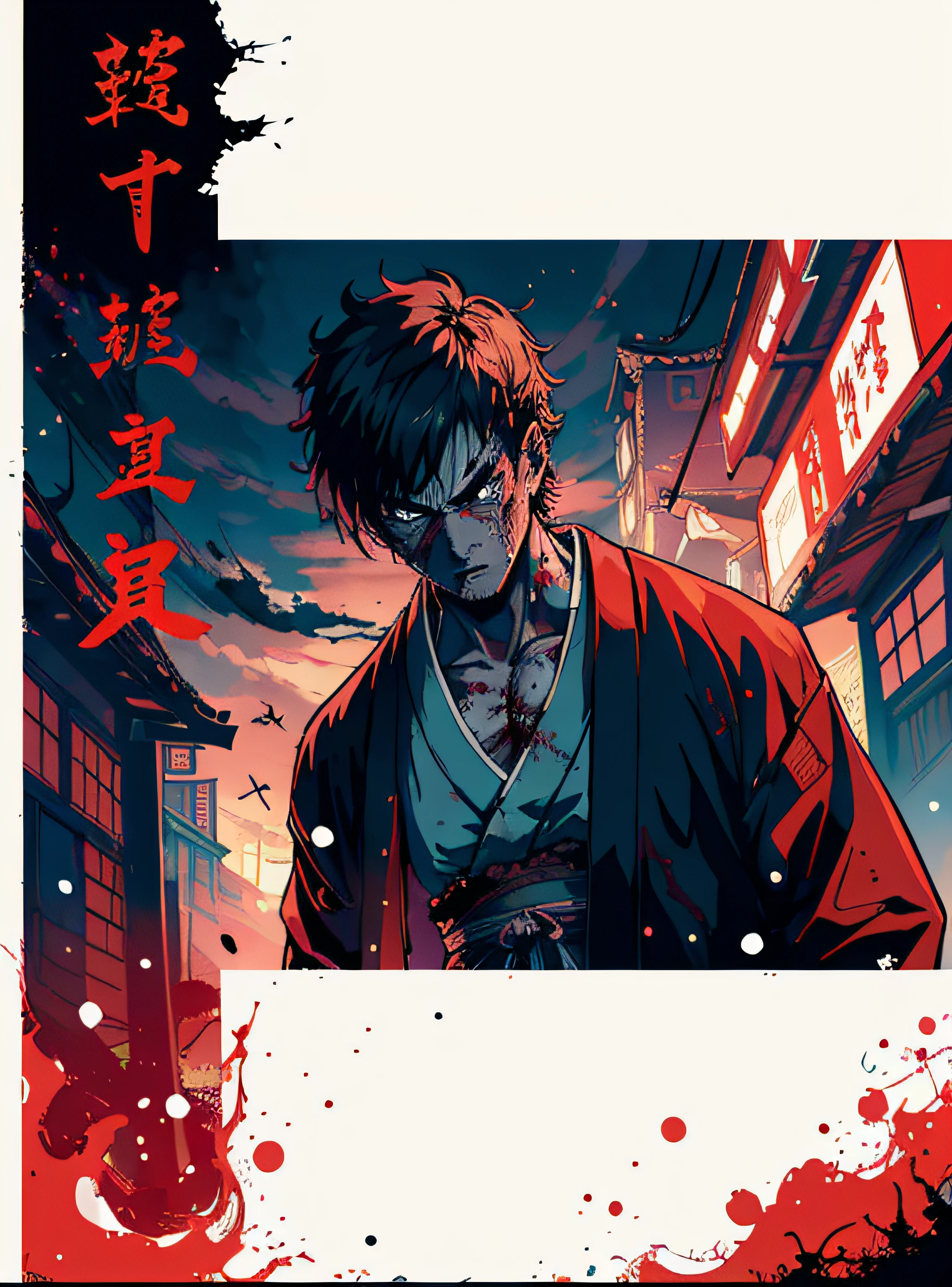 (Best Quality, Masterpiece), A cinematic movie poster for an horror film, zombie samurai, Japan, determined, action-packed, horror, beams, cinematic, fade, evil demon in the background overhead