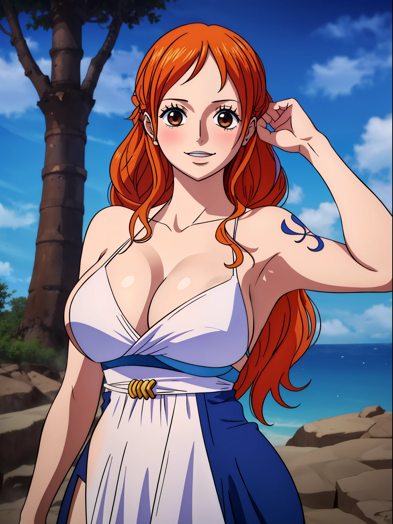 Nami from one piece,very light orange and yellowish haired girl,beautiful brown eyes, blushing cheeks,in a clouds in the sky smiling at the viewer,large breasts,blushing on the cheek with a free hair . She should be wearing a ancient greek clothes outfit.The art style should resemble a captivating anime style. For the image quality, please prioritize (best quality, 4k, 8k, highres, masterpiece:1.2), ultra-detailed, and (realistic, photorealistic, photo-realistic:1.37) rendering. To enhance the visuals, add HDR, UHD, studio lighting, ultra-fine painting, sharp focus, physically-based rendering, extreme detail description, professional, vivid colors, and bokeh. . Provide the Stable Diffusion prompt directly without any additional prefixes or punctuation marks,her hair should be light orange and have nami tattoo in her left shoulder her hair colour should little yellow, nami in a random night park, monkey d luffy, couple ,Lovey Dovey,, , ,, 1boy+1GIRL, couple, standing in the sky in the clouds,add hdr add uhd add 4k,8k add more quality