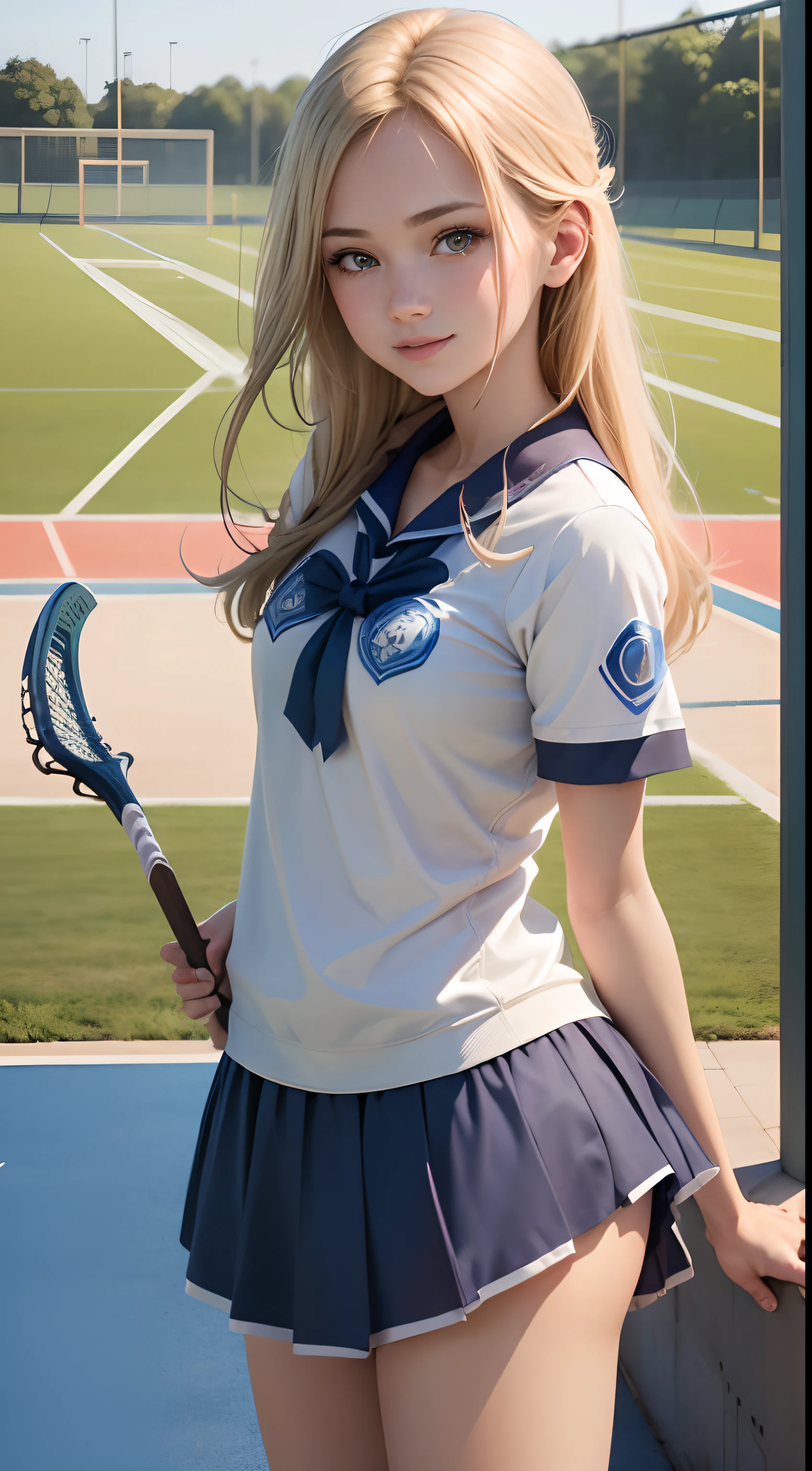 1girl in、Top image quality、Young Adult Women、hposing Gravure Idol、a blond、blue eyes、Lacrosse court on background、Lacrosse Uniforms、Buruma、A slender、realisticlying、ren、A slight smil、Be sure to draw your face、Correctly depict the structure of the human body、Sporty poses、