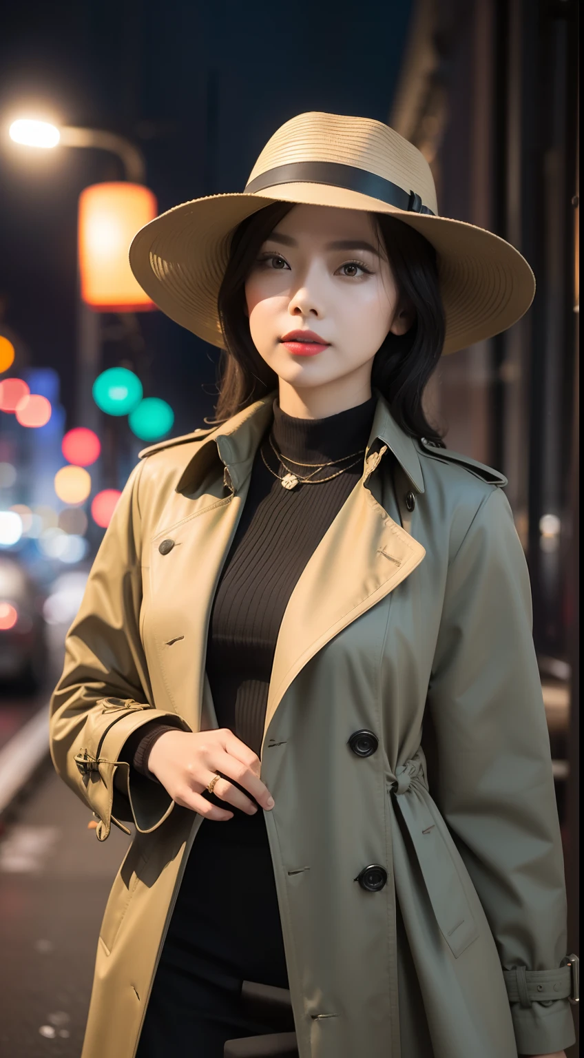 Create a dramatic film noir scene with the Malay woman in a classic trench coat and fedora, standing under a dimly lit streetlamp in the rain, capturing the essence of a vintage detective movie