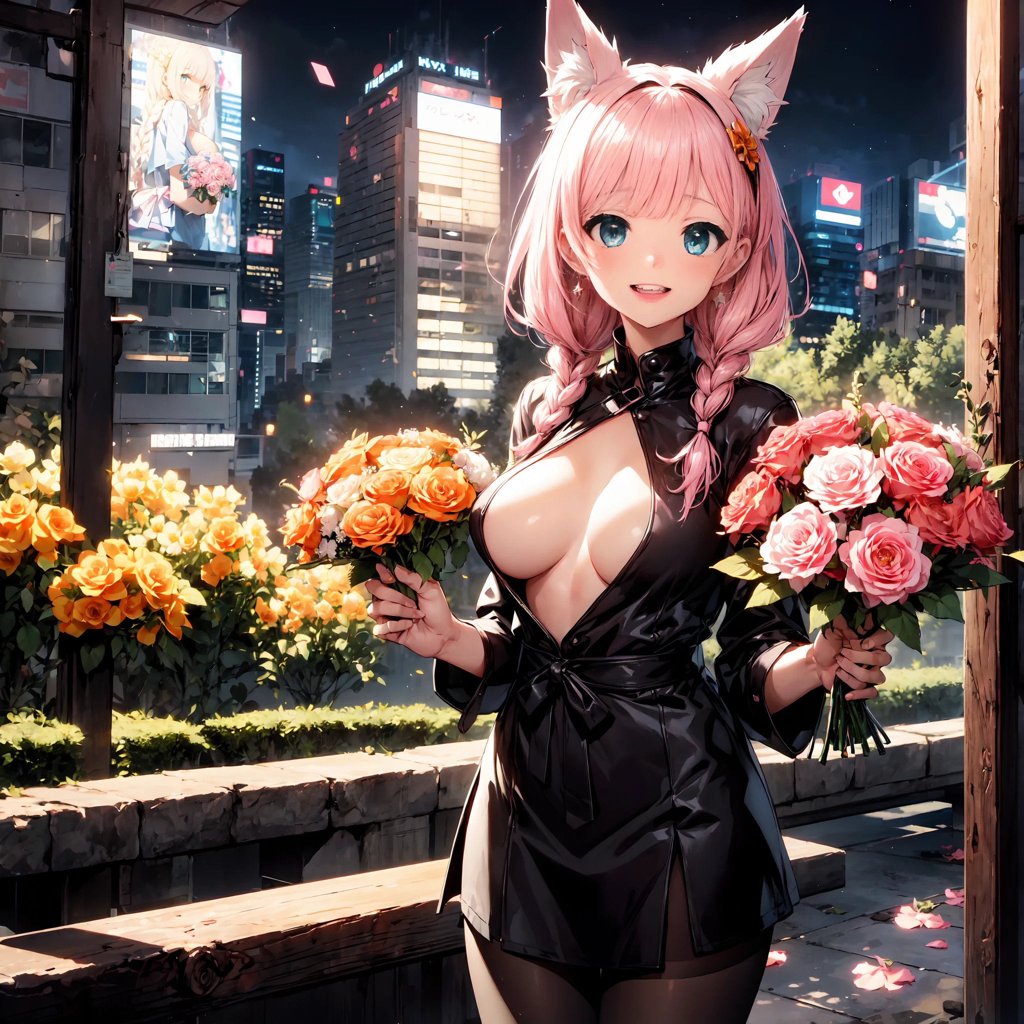 Beauty 1 person,Solo,(Cute:1.5),(Chibi:0.6),(kawaii:1.5),(Lori:0.5),BREAK,( girl),Very detailed,colourfull,highest details,Clear skin,Beautiful skin,Shy,Very detailed,colourfull,highest details,BREAK,Clear skin,Beautiful skin,Shy skin,1 beautiful girl,{Heterochromia,pale blue eyes,pale green eyes:1.5},star eye silhouette,BREAK,(Pink hair, Medium length:1.4),(Twin braids,Fox ear headband,A little curly hair,Single-sided twisted blade,Princess Cut:1.3),(Large breasts:1.5),(long eyelashes, Double eyelids:1.2),Solo,gleaming skin,BREAK,(Holding a bouquet of flowers with both hands full:1.65),(:D,grin:1.1),BREAK,BREAK (Blunt bangs:1.1),Smile, Break Pose,(Miniskirt:1.2),Black_pantyhose, Break Cowboy_shot,Night,city,Bridge,open stance,(Blurry_Foreground:1.2),BREAK,(1girl in,Solo:1.3),(Lori:1.3), (masutepiece, Best Quality, Perfect Anatomy:1.3), superfine illustration,Unity 8k壁纸,(extremely delicate and beautiful fabric:1.2),