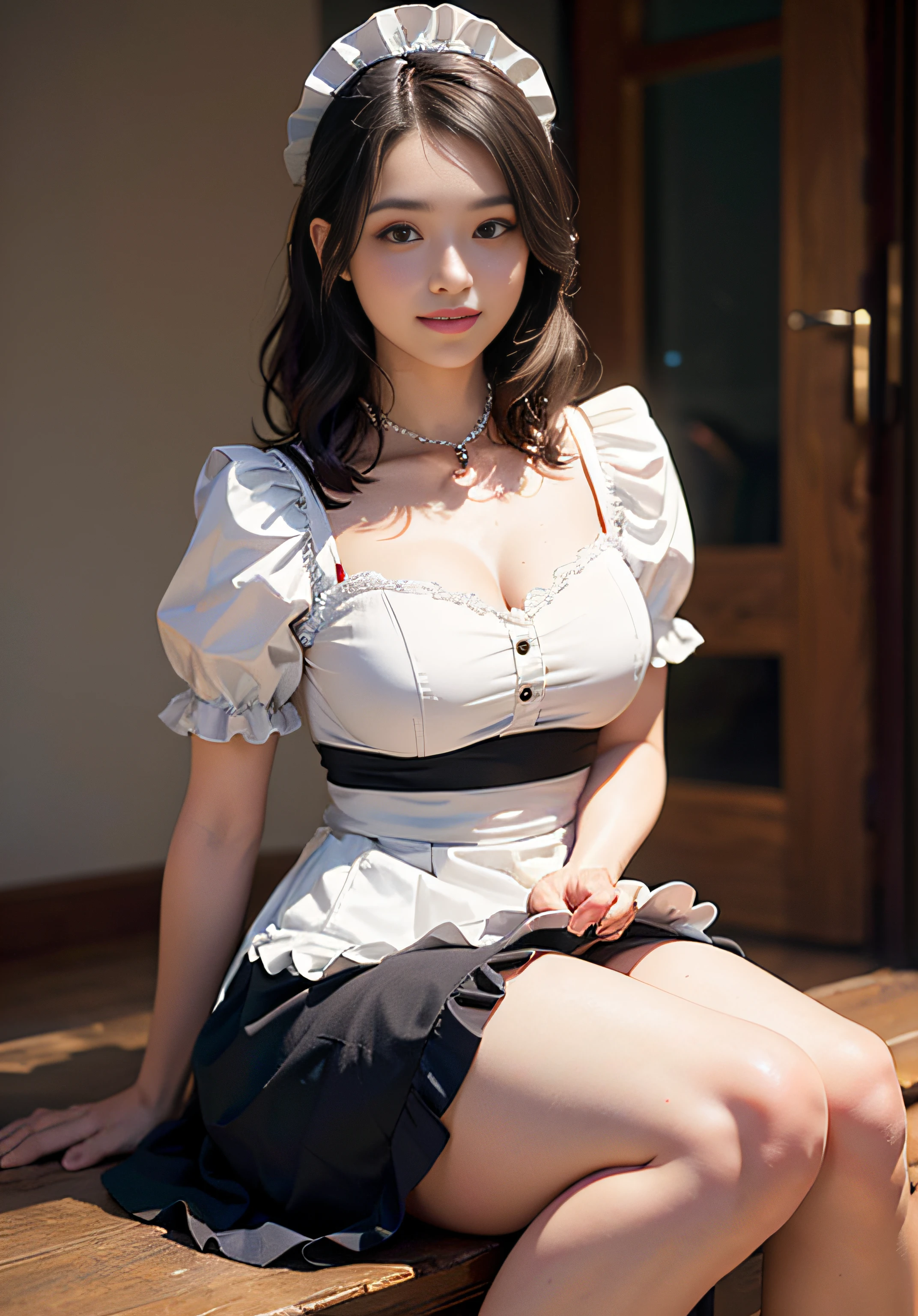Innocent 20 year old girl、((Maids, A dark-haired, ,pinafore, Maid headdress, Single hair bun, Hair buns, maid apronl, Dramatic poses)),Smile,Sandy beach background,short-cut、Raw photo, (8K、top-quality、​masterpiece:1.2)、(intricate detailes:1.4)、(Photorealsitic:1.4)、octane renderings、Complex 3D rendering ultra detail, Studio Soft Light, Rim Lights, vibrant detail, super detailing, realistic skin textures, Detail Face, Beautiful detail eyes, Very detailed CG Unity 16k wallpaper, make - up, (detailedbackground:1.2), shinny skin, Full body,Hands down、Be undress、cleavage of the breast