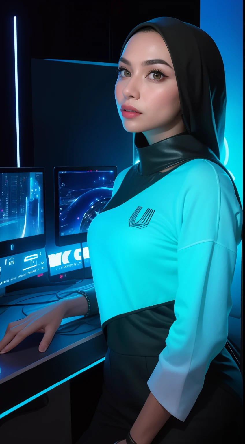 Create a futuristic sci-fi portrait featuring the Malay woman in sleek, high-tech attire, posing against a backdrop of advanced technology and neon lights, symbolizing innovation and progress