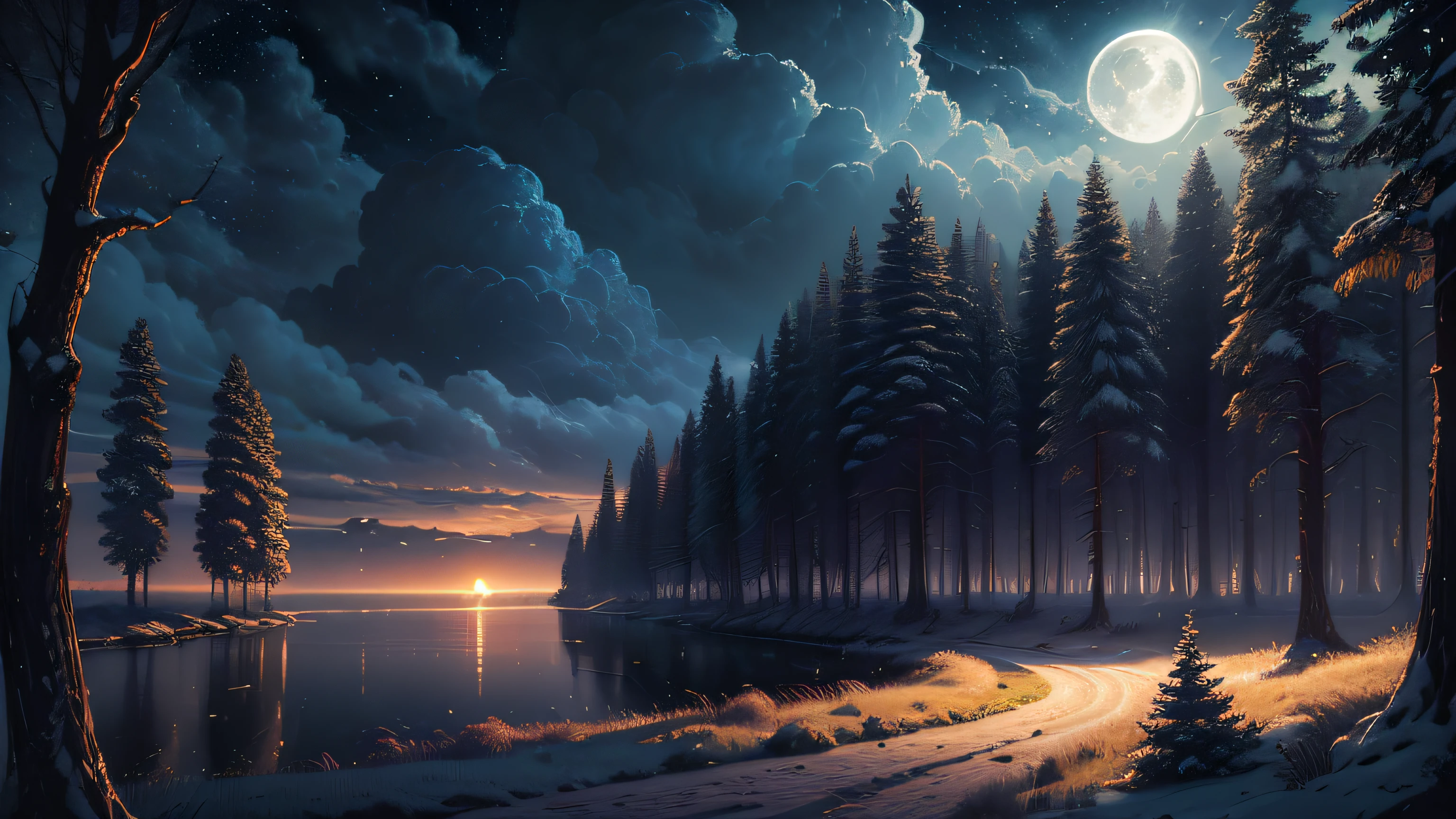 (masterpiece:1.2, best quality), (ultra-detailed), (illustration), (ultra highres), (delicate illustration), (hyper-detailed), (super detail:1.3), professional lighting, cinematic lighting, (nostalgia and peacefulness:1.3), professional (landscape painting) of natures, moon lighting, moon light on trees leaves, (dark cloud, dark night, full moon, dark lighting)