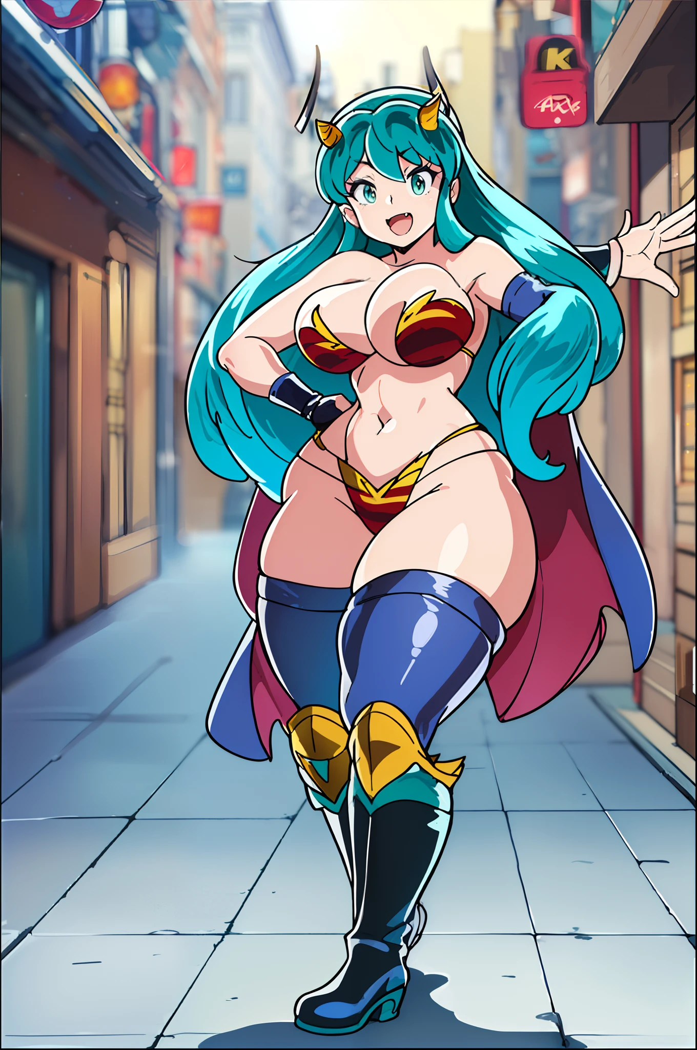 lum, superhero costume,, standing,, boots, oni, smile,, full body, sentai, bikini, horns, curvy, big breast, open mouth teeths, fangs,(best quality,4k,8k,highres,masterpiece:1.2),mega-detailed,(,1.37),portraits,vivid colors,warm tones,soft lighting, immovile pose