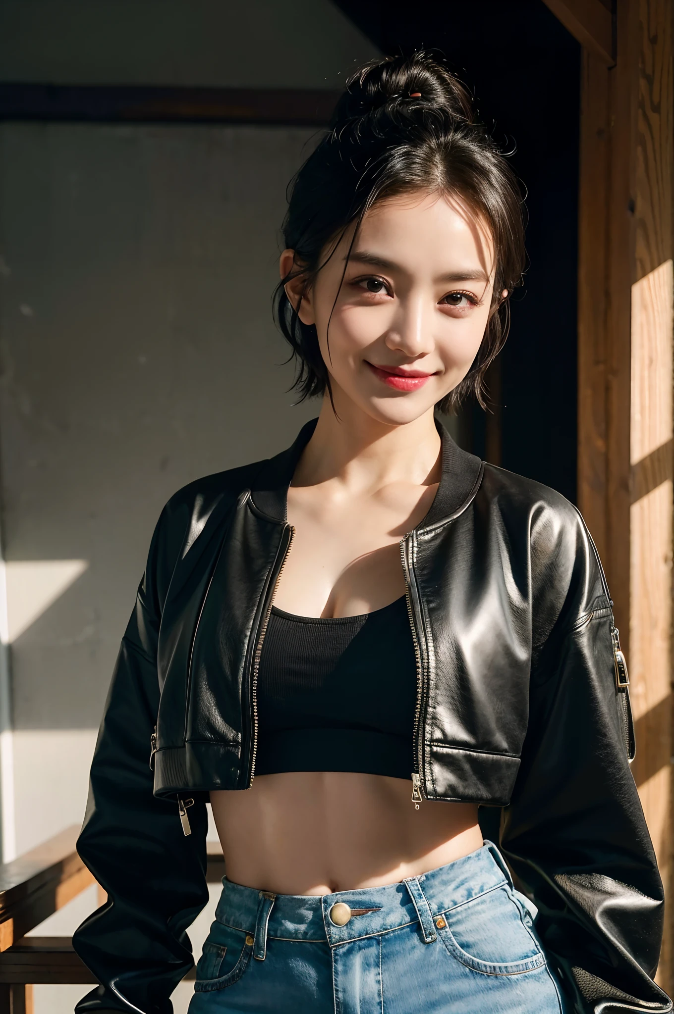 (Forehead, Cropped jacket, Abs, midriff, scowling, Short hair, Black hair, eyes liner:1.3), (Masterpiece, Best quality, Beautiful quality), (Photorealistic:1.4), (Detailed lighting, Extremely detailed skin, Extremely detailed hair, Shadows, 8K, Photo of Chacho, 1girll:1.2), view the viewer, (high key lighting), Masterpiece, Top quality, Best quality, offcial art, Unity 8k wallpaper, A high resolution, Ultra-high RES, Ultra-detailed, Beautiful and aesthetic，Smile，beam of light