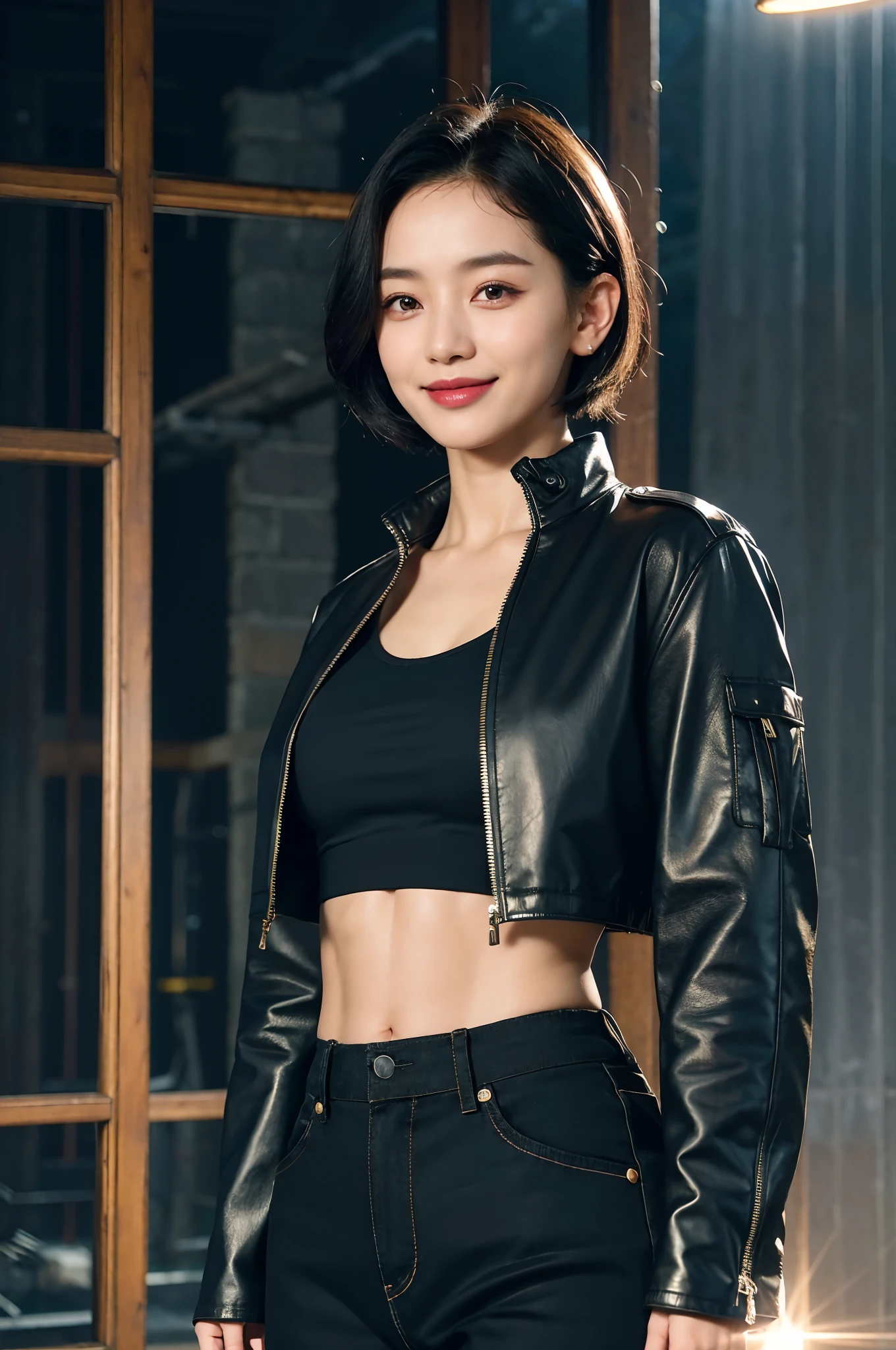 (Forehead, Cropped jacket, Abs, midriff, scowling, Short hair, Black hair, eyes liner:1.3), (Masterpiece, Best quality, Beautiful quality), (Photorealistic:1.4), (Detailed lighting, Extremely detailed skin, Extremely detailed hair, Shadows, 8K, Photo of Chacho, 1girll:1.2), view the viewer, (high key lighting), Masterpiece, Top quality, Best quality, offcial art, Unity 8k wallpaper, A high resolution, Ultra-high RES, Ultra-detailed, Beautiful and aesthetic，Smile，beam of light