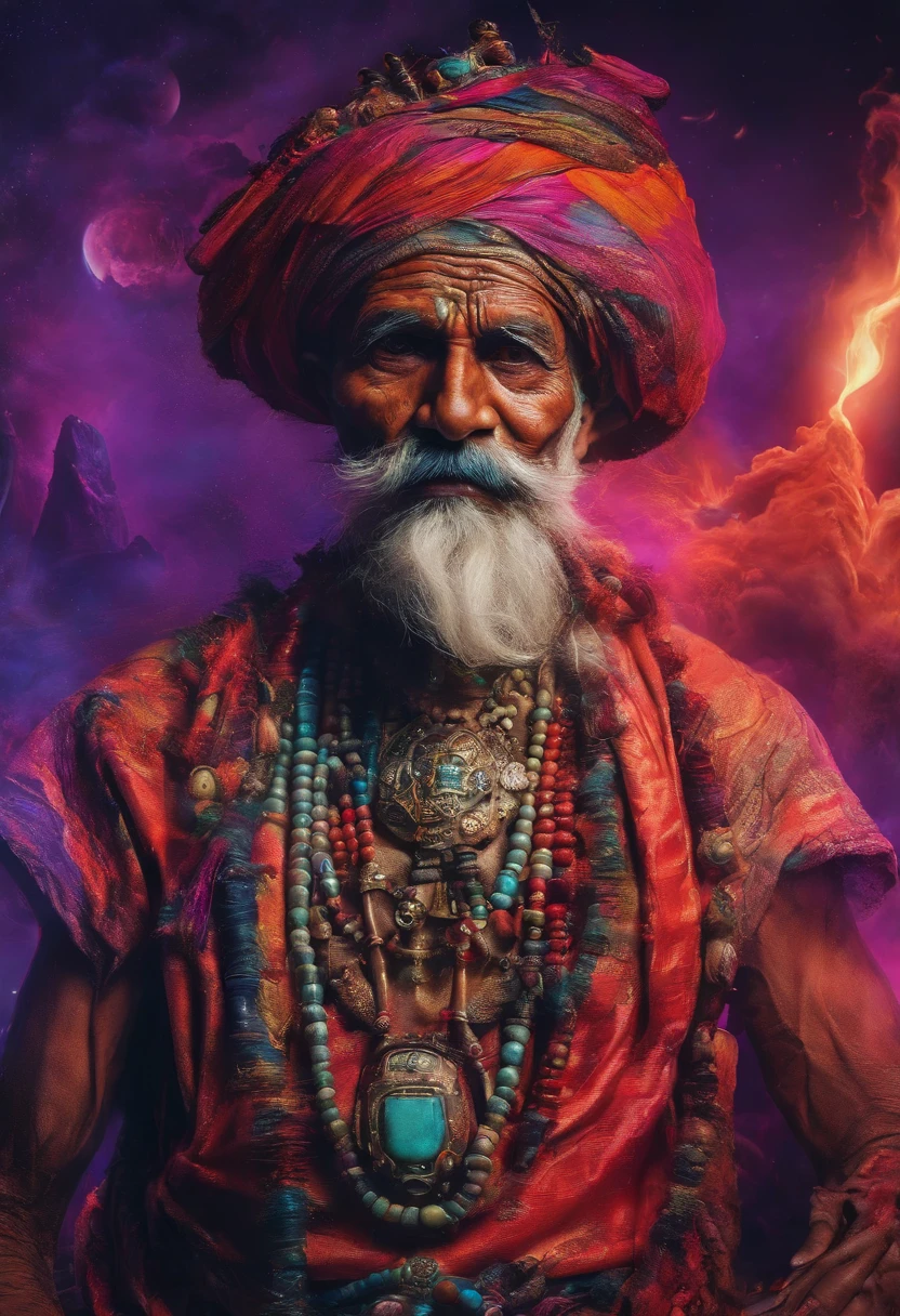 (old indian man:1.1,wearing turban:1.2,white bigger beard:1.1,bigger moustache:1.1,lighting cigar:1.2,in swag,extremely detailed facial hairs,portrait,half body,medium:oil painting,detailed eyes and face,detailed turban,traditional clothing,aged appearance,royal background,studio lighting,vibrant colors,dignified expression) bhasma on forehead, holding sigarete in hand