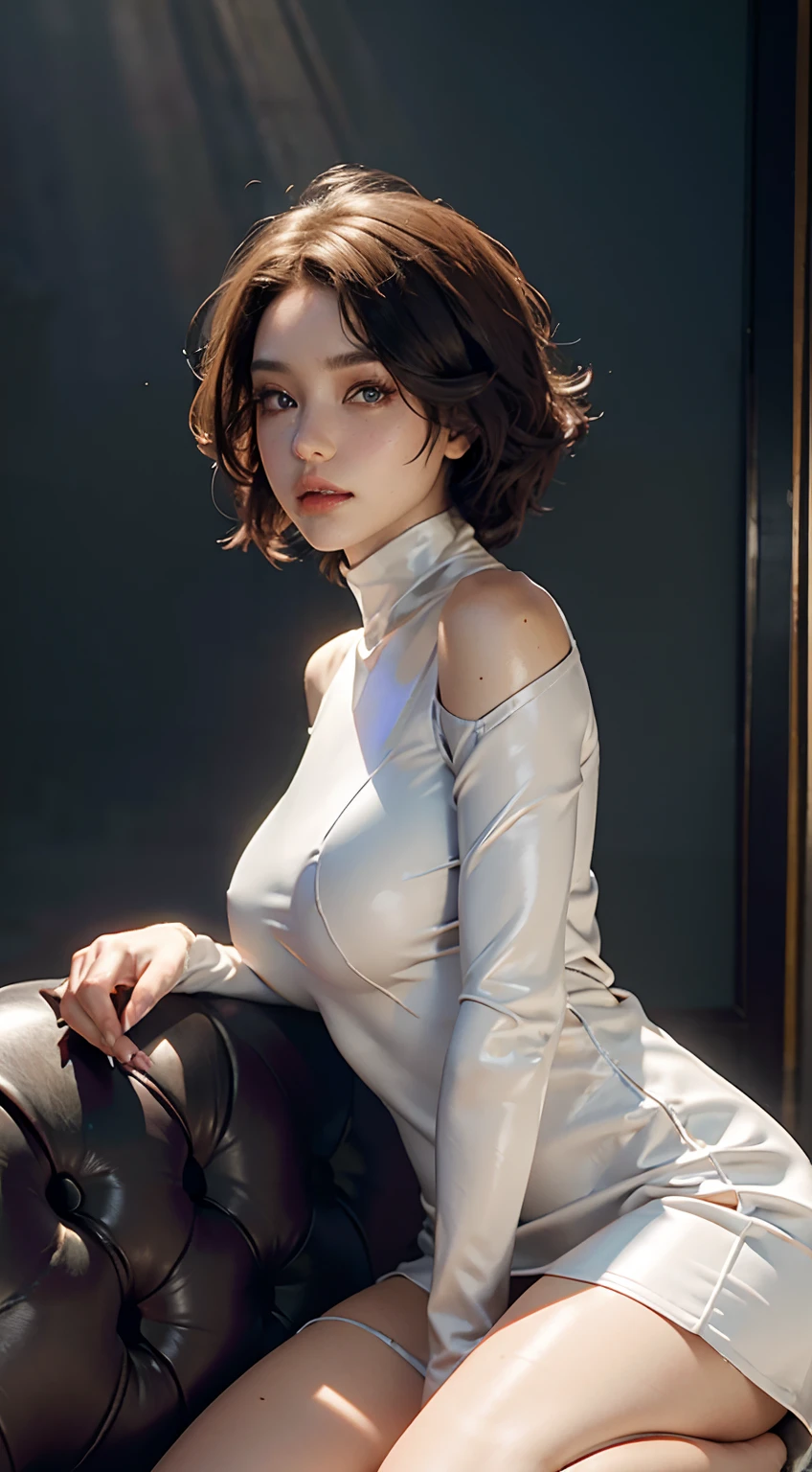RAW, Masterpiece, Ultra Fine Photo,, Best Quality, Ultra High Resolution, Photorealistic, Sunlight, Full Body Portrait, Stunningly Beautiful,, Dynamic Poses, Delicate Face, Vibrant Eyes, (Side View) , she wears futuristic Batman costume, skinny leather, turtleneck top, off shoulders, sitting on a leather sofa, very detailed background, detailed face, detailed tidy background, gorgeous, Milky white, high detailed skin, realistic skin detail, visible pores, sharp focus, volumetric fog, 8k uhd, dslr, high quality, film grain, fair skin, photorealism, lomography, in a future utopia metropolis, seen from below, transparent inlays in dress, short dress, huge room:1.3, have sex, nsfw, big nipple