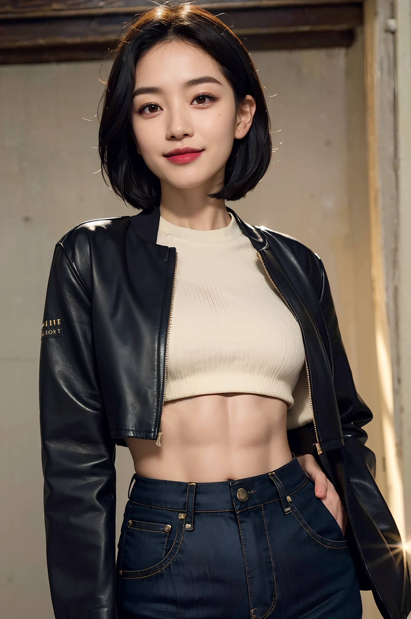 (Forehead, Cropped jacket, Abs, midriff, scowling, Short hair, Black hair, eyes liner:1.3), (Masterpiece, Best quality, Beautiful quality), (Photorealistic:1.4), (Detailed lighting, Extremely detailed skin, Extremely detailed hair, Shadows, 8K, Photo of Chacho, 1girll:1.2), view the viewer, (high key lighting), Masterpiece, Top quality, Best quality, offcial art, Unity 8k wallpaper, A high resolution, Ultra-high RES, Ultra-detailed, Beautiful and aesthetic，Smile，beam of light